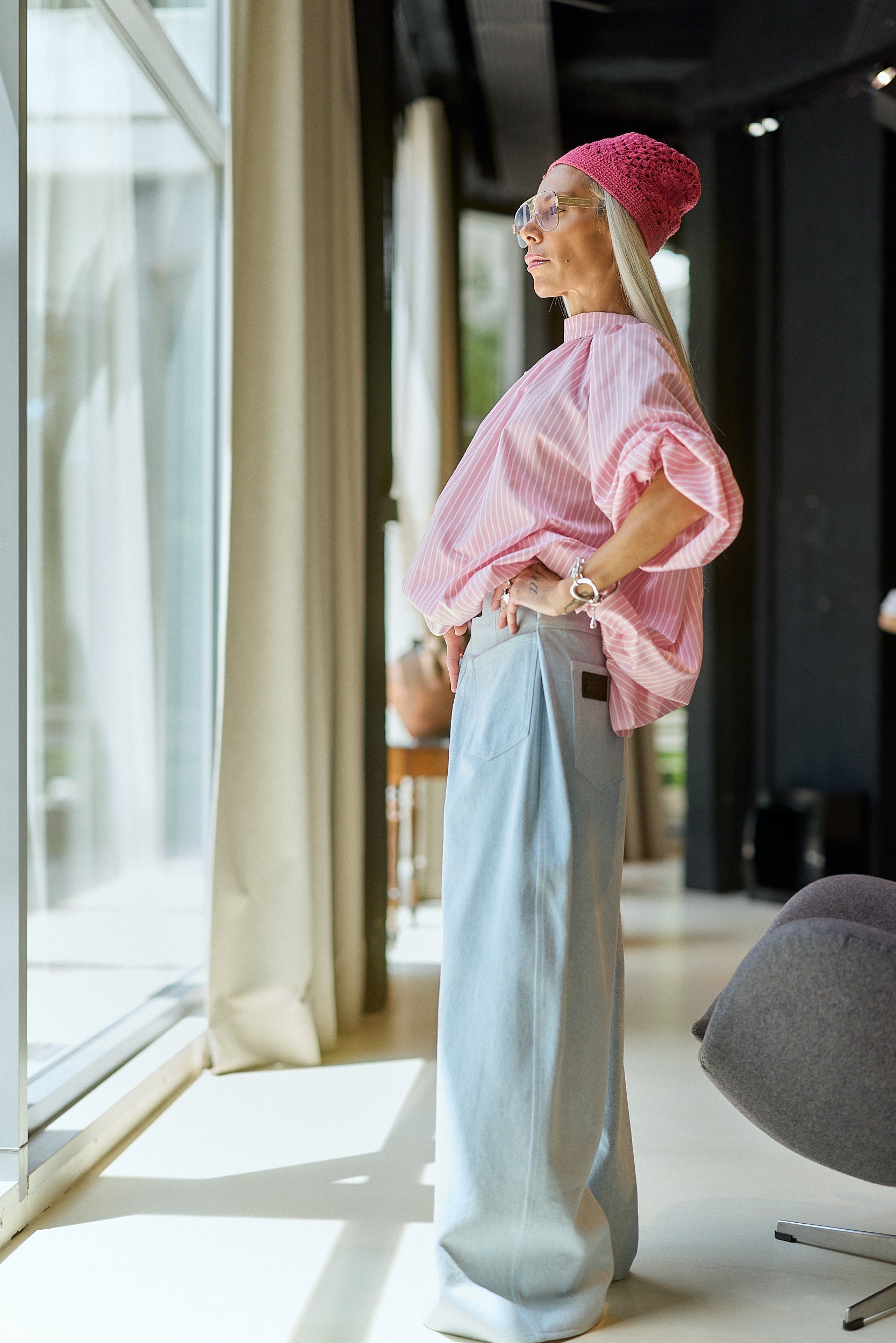 Ice Blue Wide-Leg Denim Pants