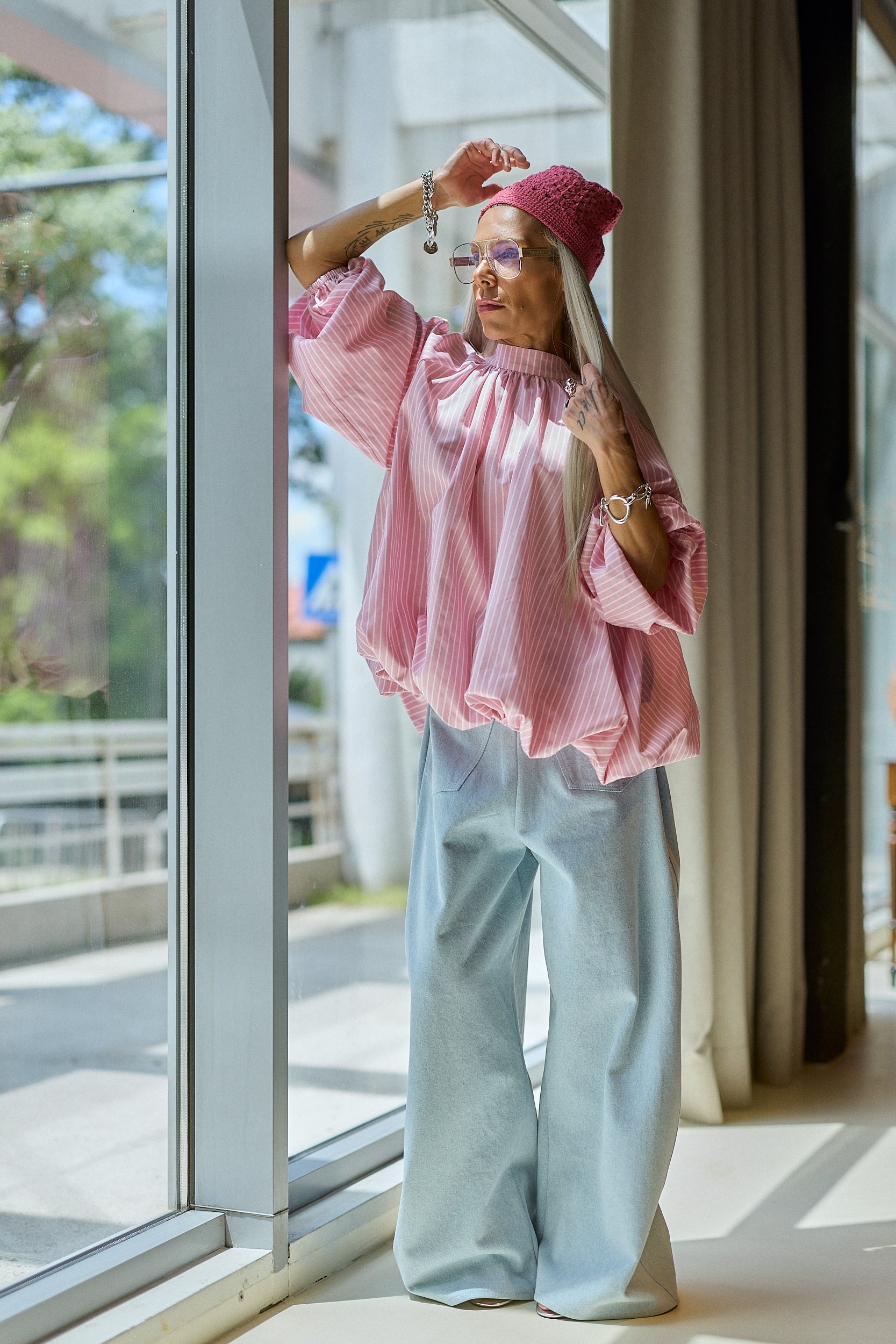 Ice Blue Wide-Leg Denim Pants