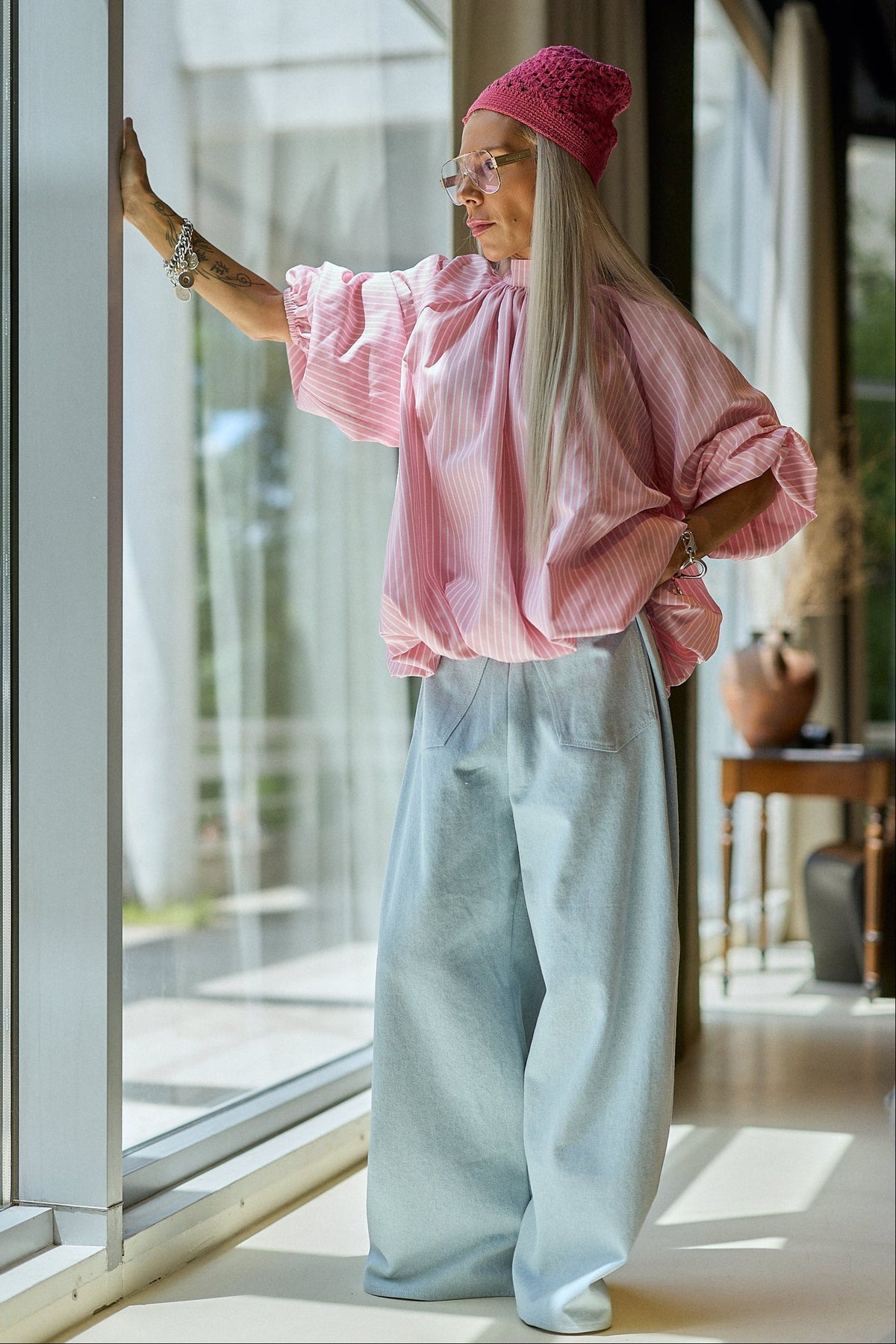 Ice Blue Wide-Leg Denim Pants