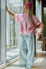 Ice Blue Wide-Leg Denim Pants
