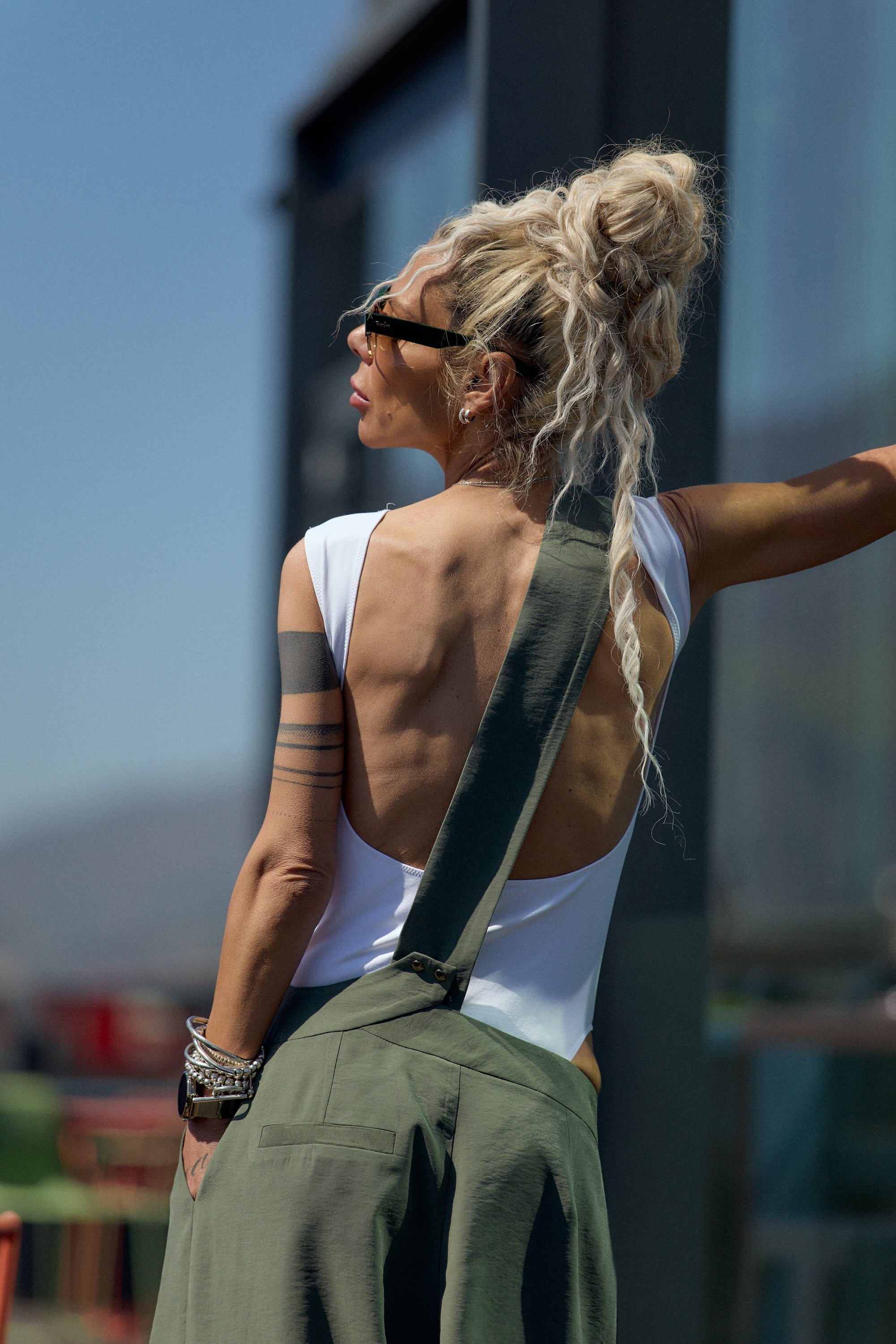 Olive Green Suspender Jumpsuit with Open-Back