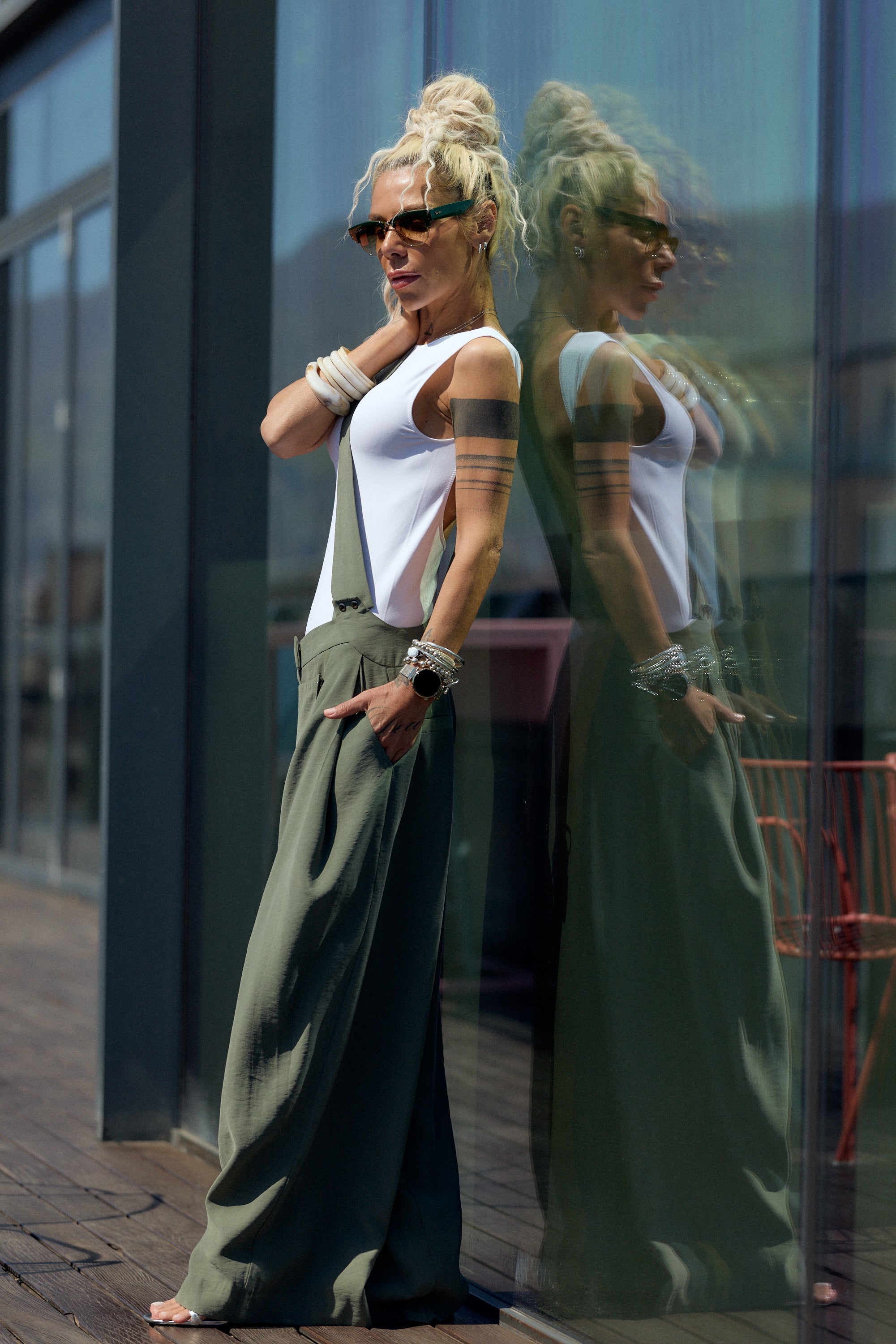 Olive Green Suspender Jumpsuit with Open-Back