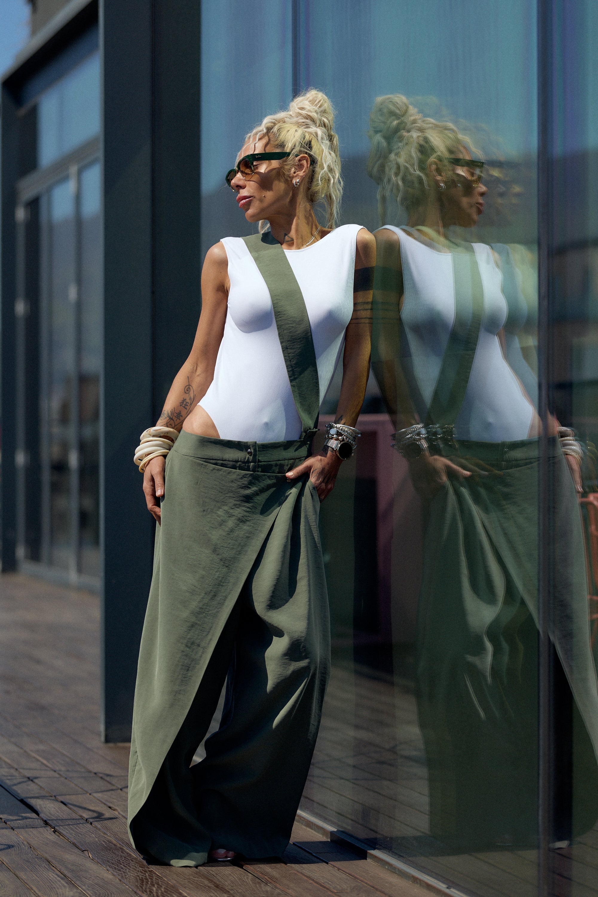 Olive Green Suspender Jumpsuit with Open-Back