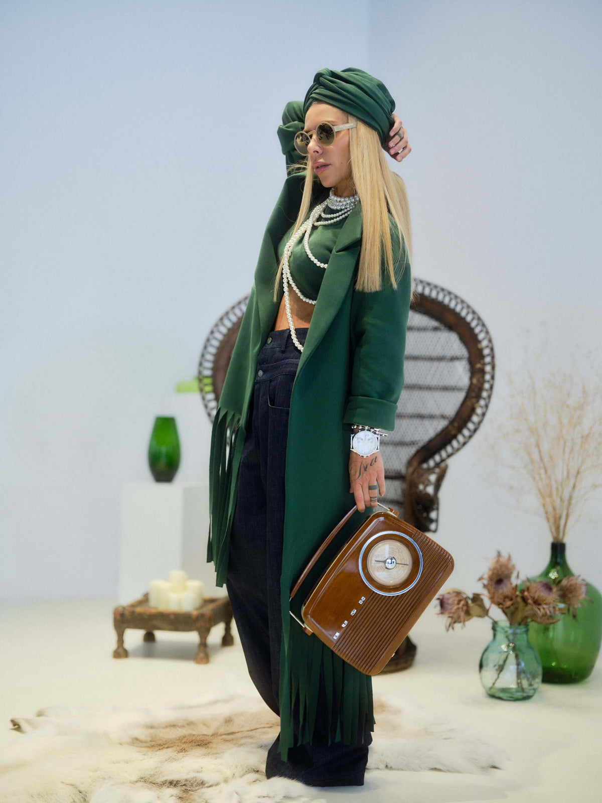 Green Long Coat with Fringe Detail
