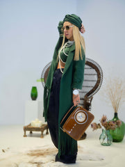 Green Long Coat with Fringe Detail
