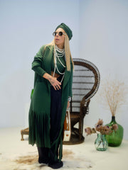 Green Long Coat with Fringe Detail