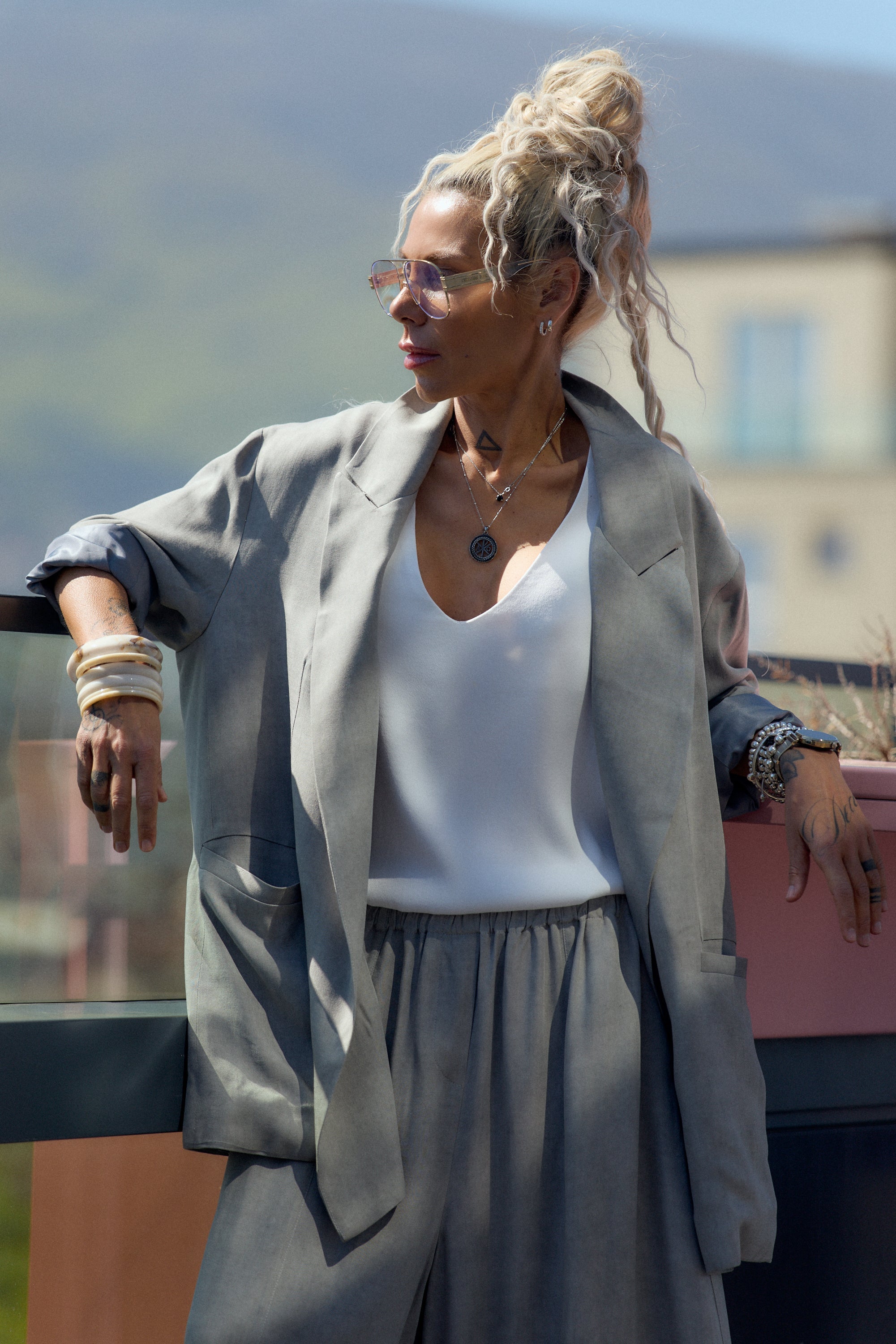 Grey Flow Wide-Leg Pants