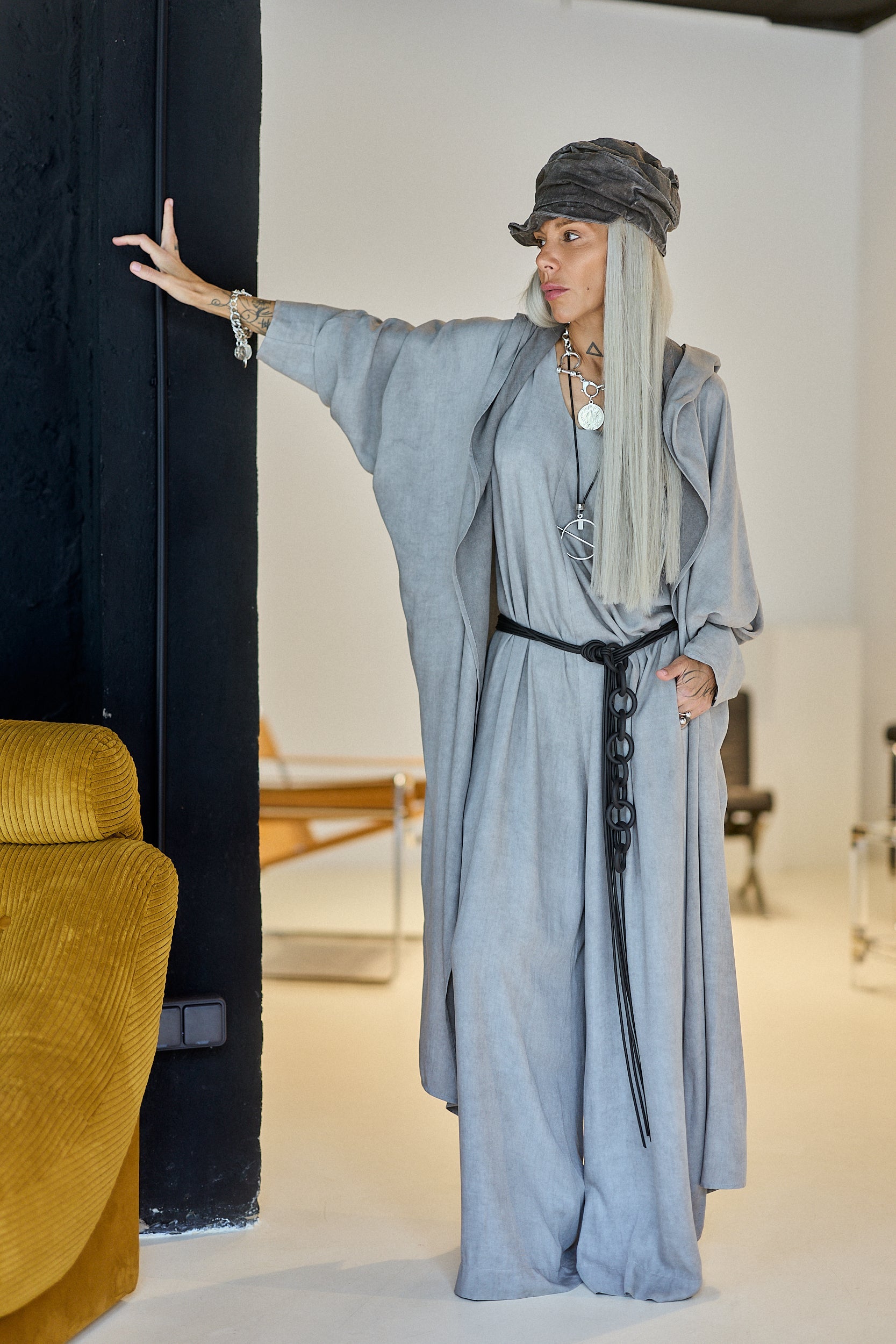 Grey Hooded Draped Vest