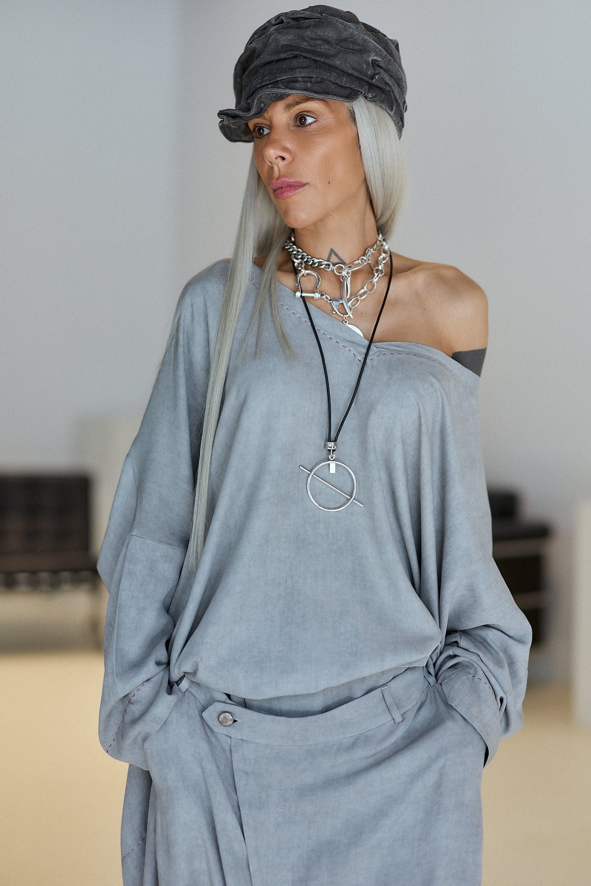 Grey Oversized Asymmetric Blouse