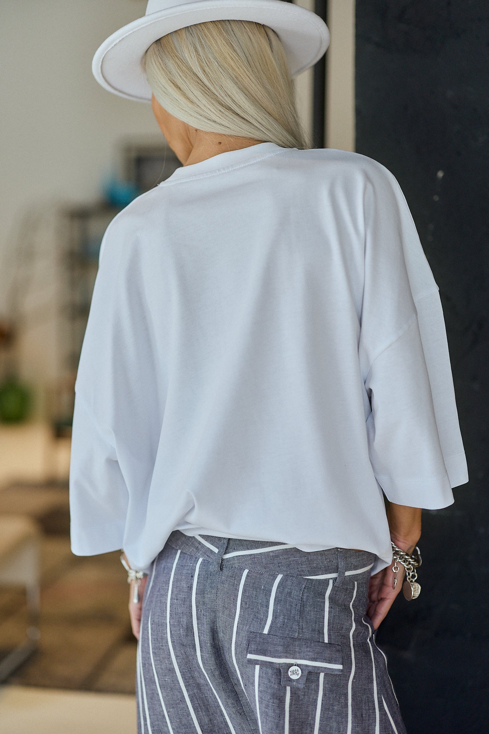 Grey Pinstripe Wide-Leg Linen Blend Pants