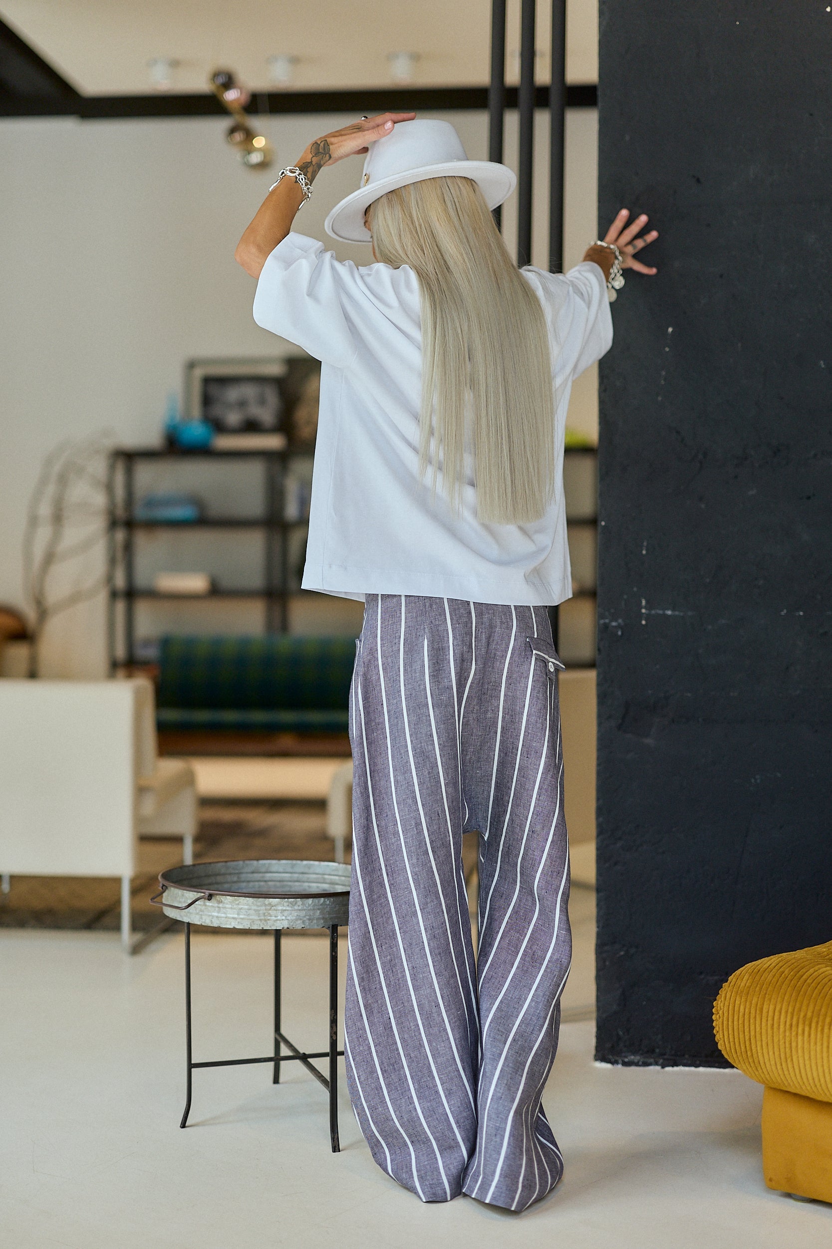 Grey Pinstripe Wide-Leg Linen Blend Pants