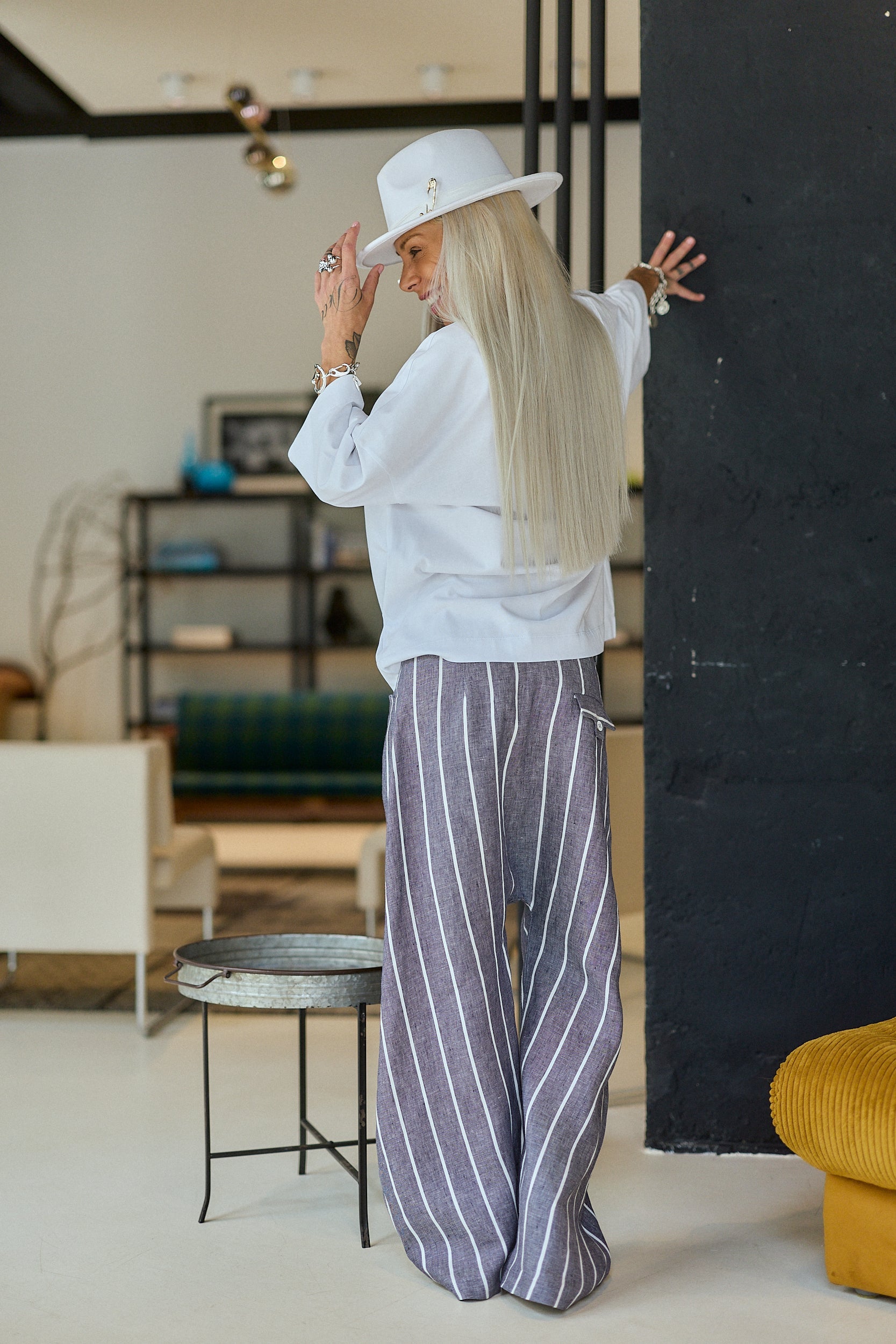 Grey Pinstripe Wide-Leg Linen Blend Pants