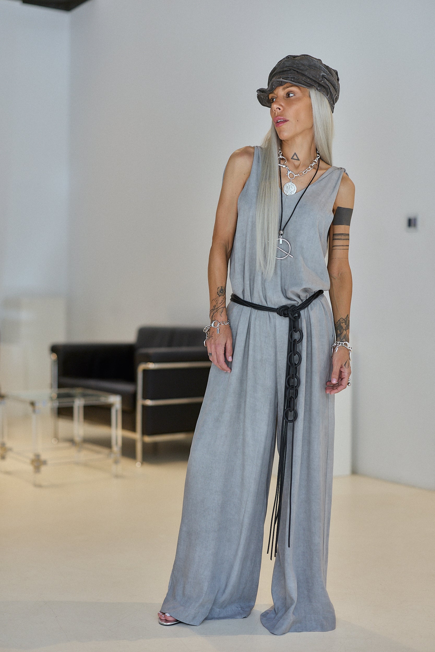 Grey Tie-Shoulder Wide-Leg Jumpsuit
