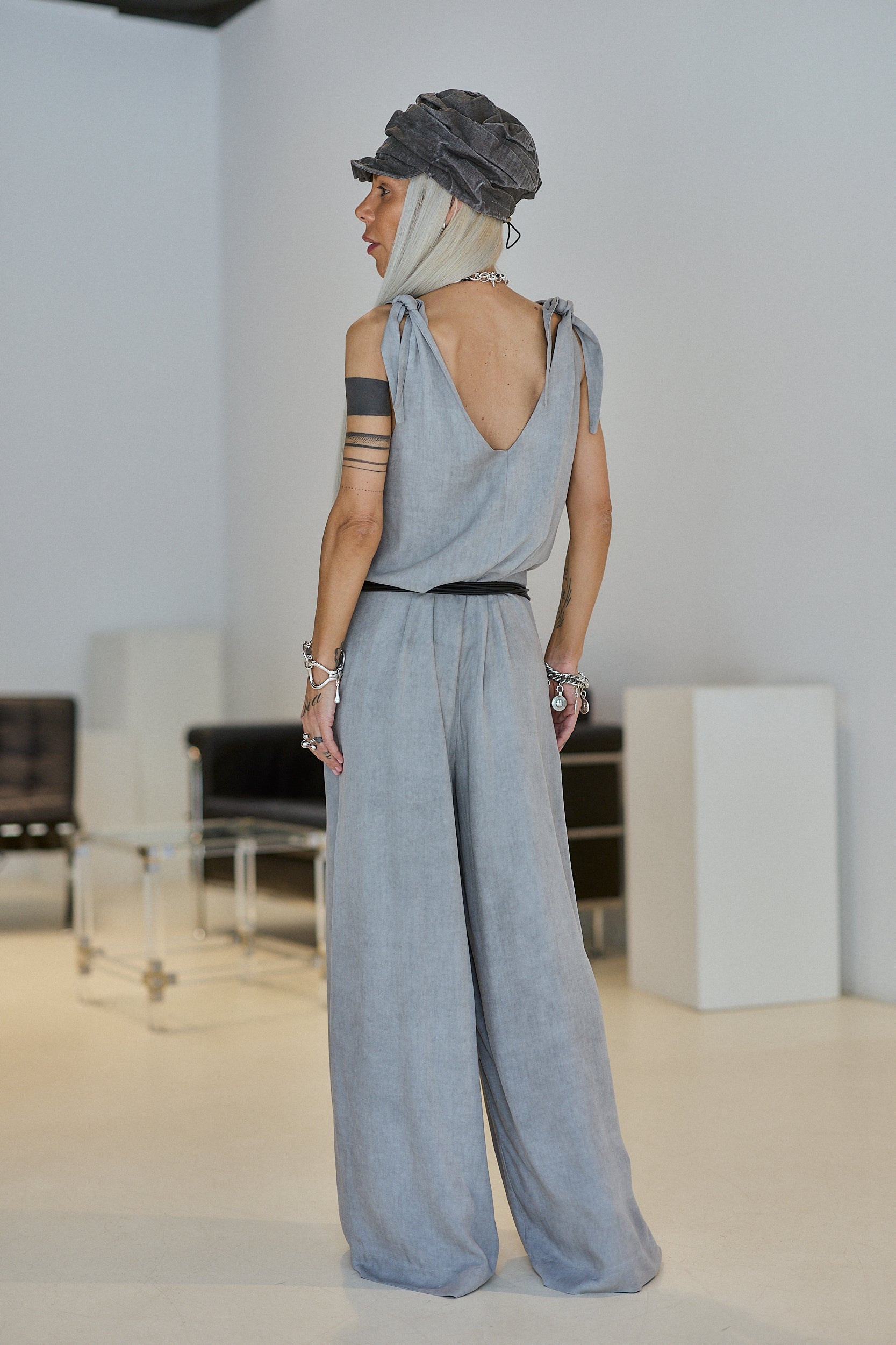 Grey Tie-Shoulder Wide-Leg Jumpsuit