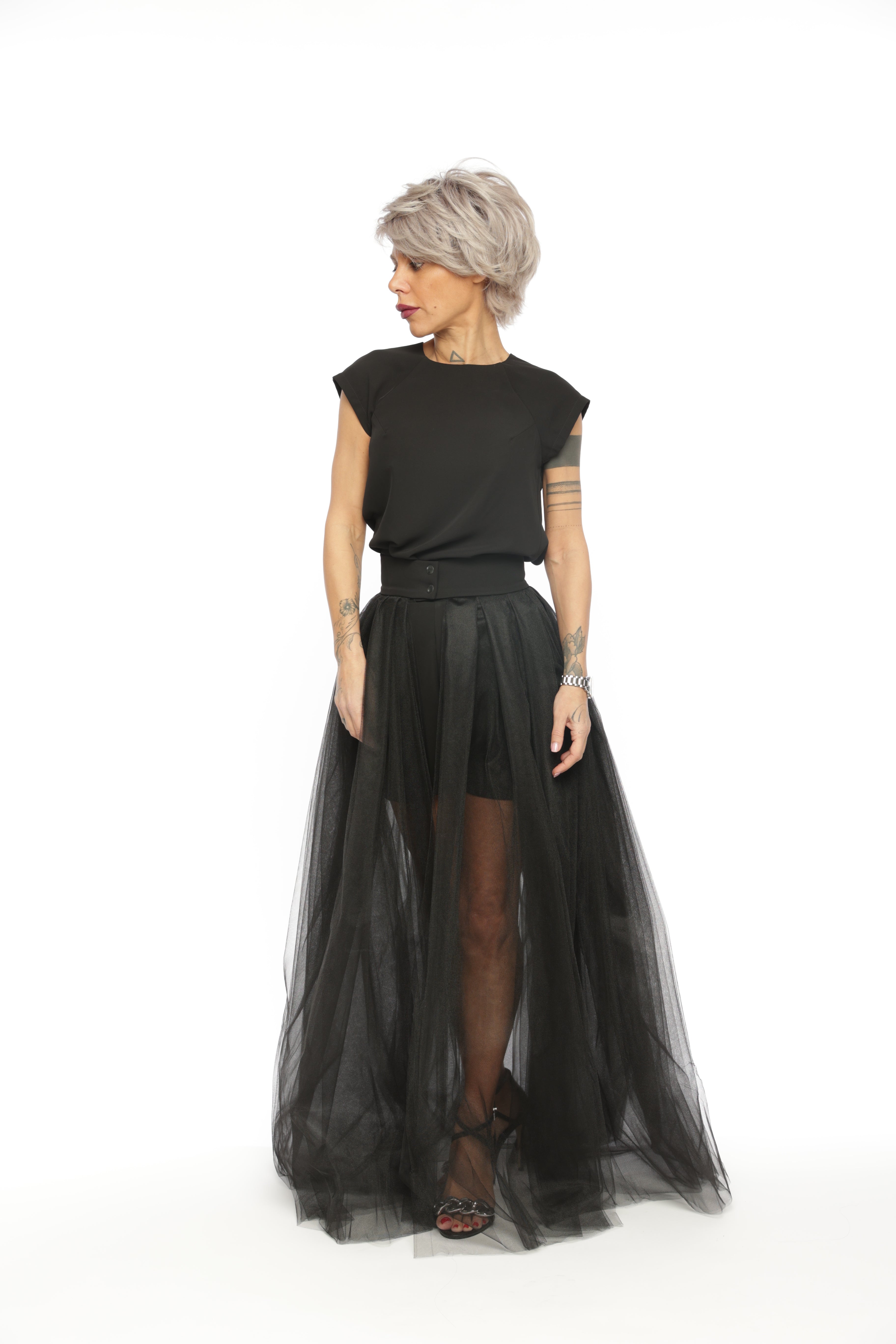 3-Piece Open-Back Top, High-Waisted Shorts and Tulle Skirt Co-Ord Set in Black