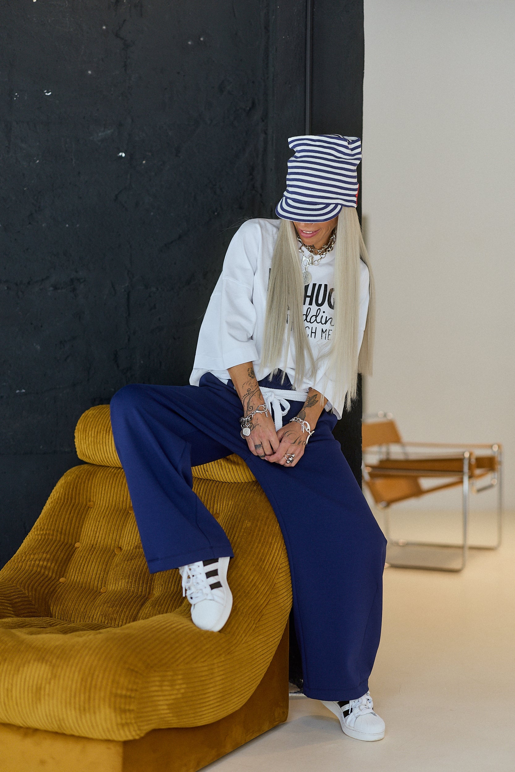Navy Wide-Leg Pants with Rope Belt