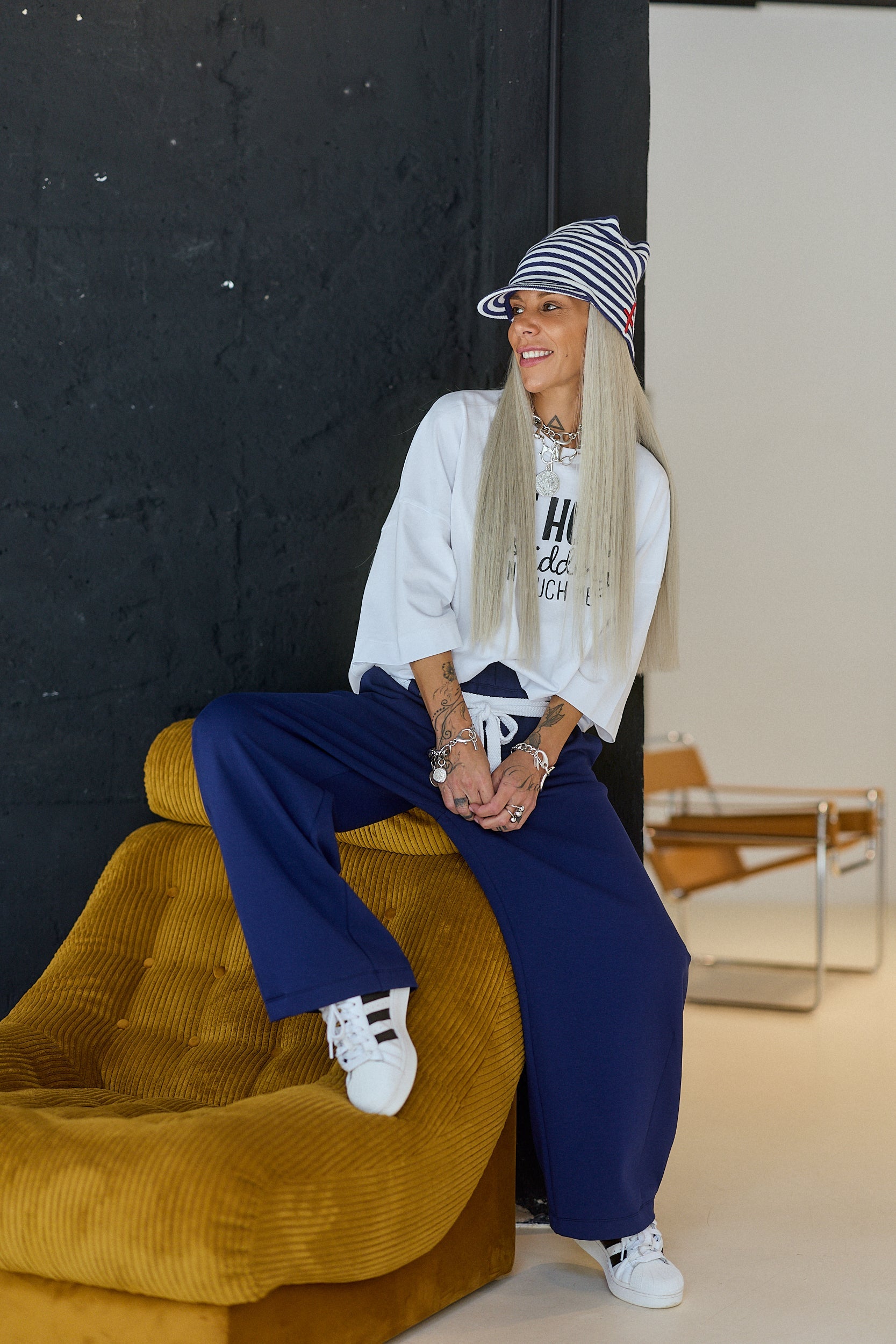 Navy Wide-Leg Pants with Rope Belt