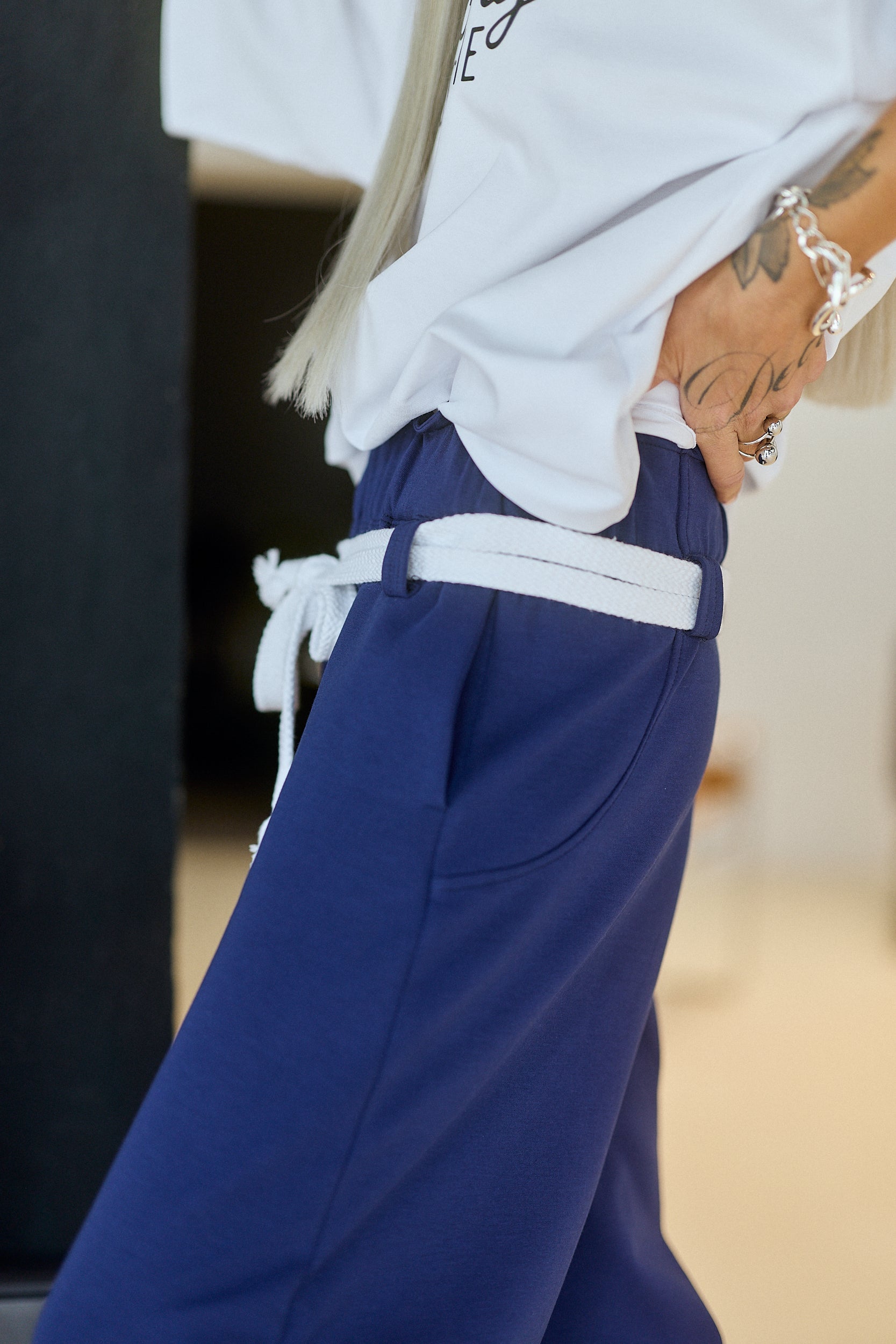 Navy Wide-Leg Pants with Rope Belt
