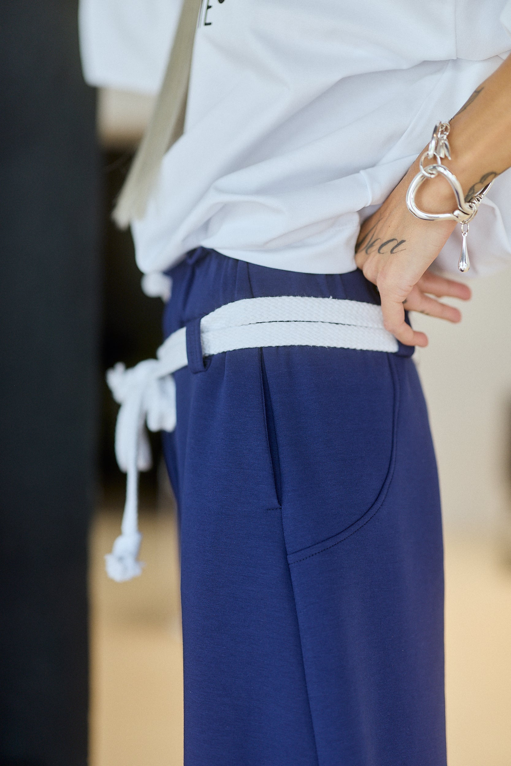 Navy Wide-Leg Pants with Rope Belt