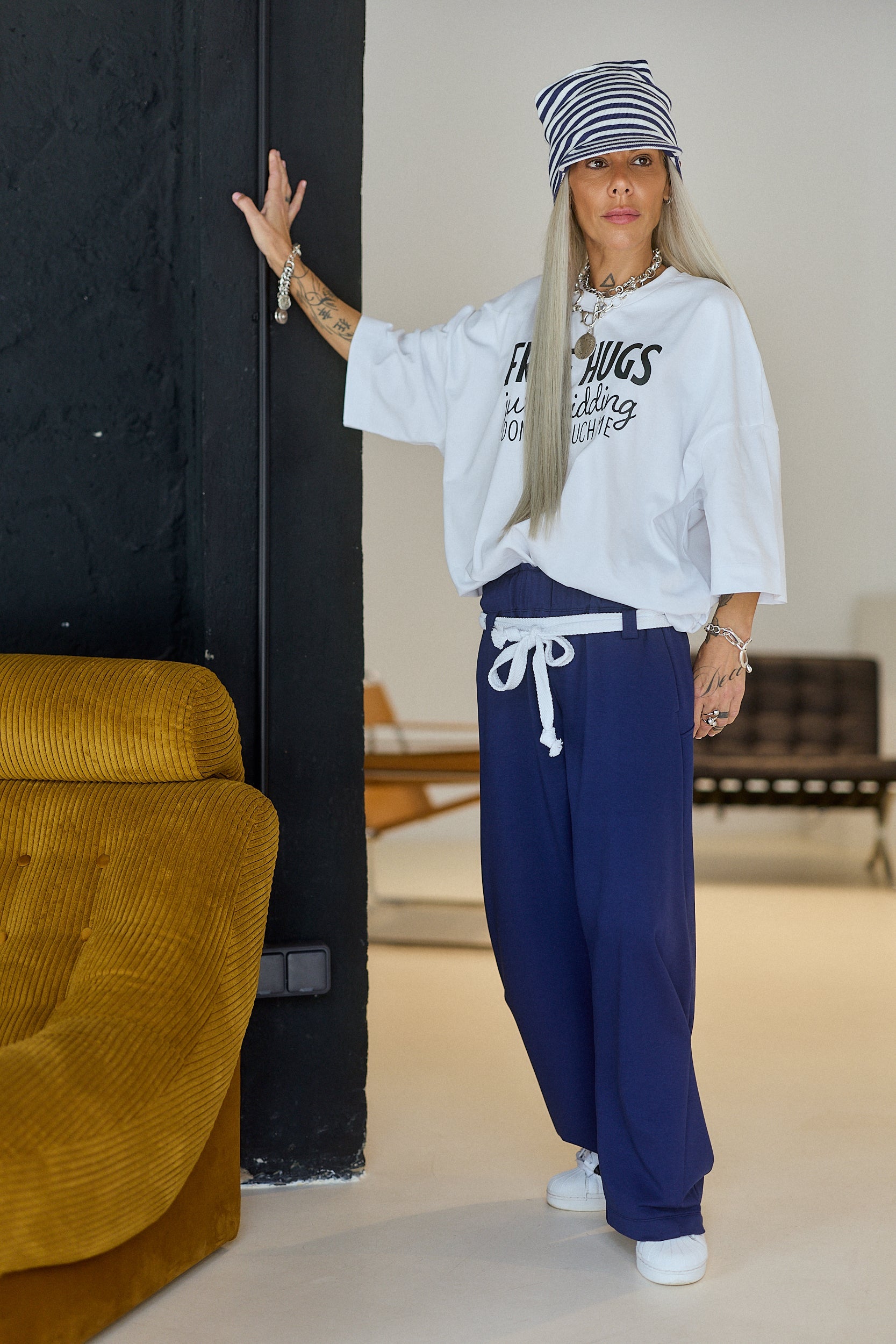 Navy Wide-Leg Pants with Rope Belt