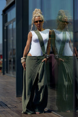 Olive Green Suspender Jumpsuit with Open-Back