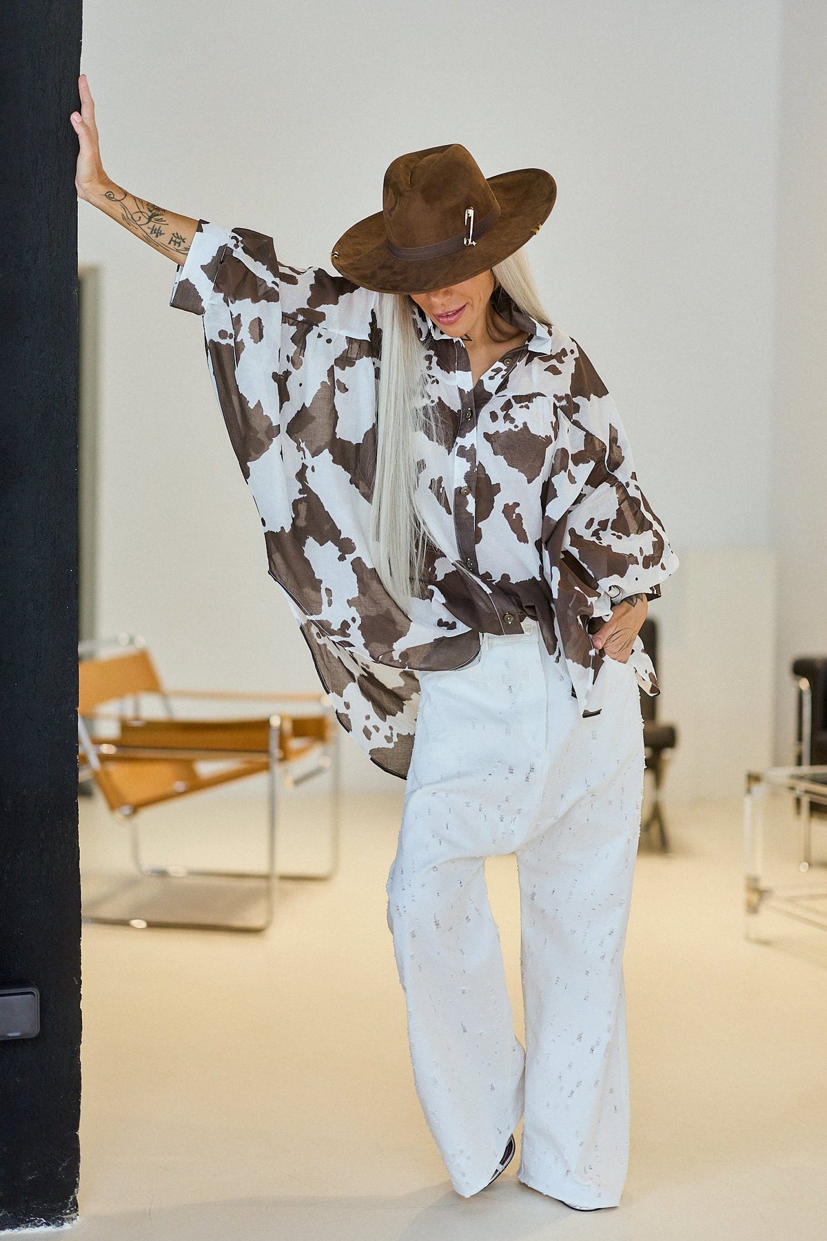 Oversized Cow Print Sheer Shirt