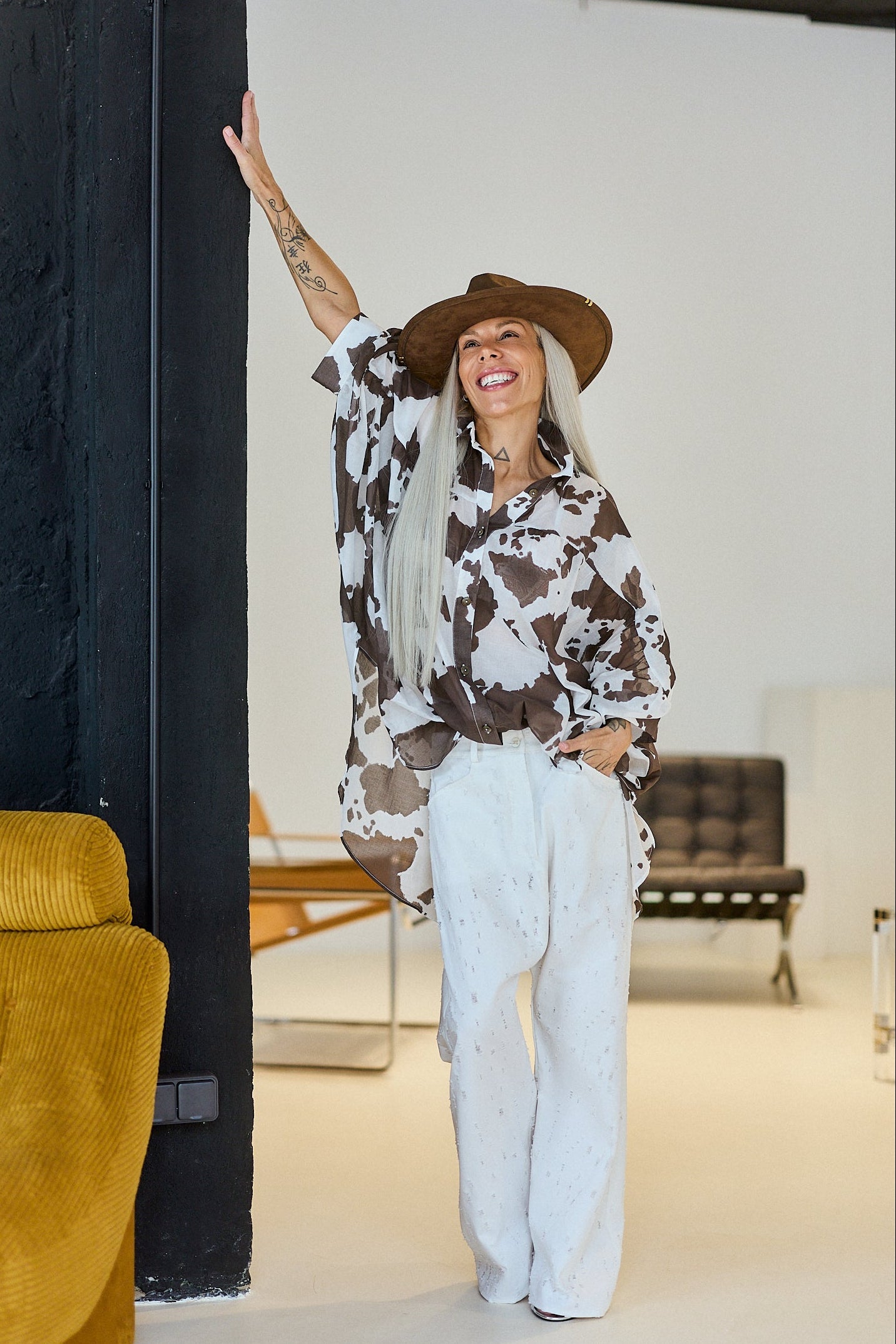 Oversized Cow Print Sheer Shirt