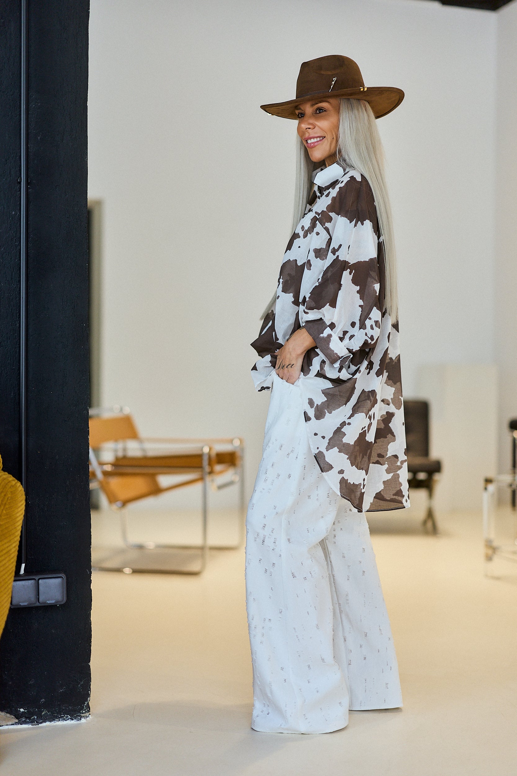 Oversized Cow Print Sheer Shirt