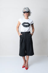 White T Shirt Blouse with Short Sleeves and Leatherette Lips