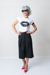 White T Shirt Blouse with Short Sleeves and Leatherette Lips