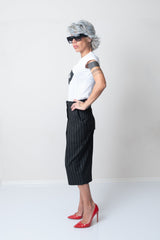 White T Shirt Blouse with Short Sleeves and Leatherette Lips