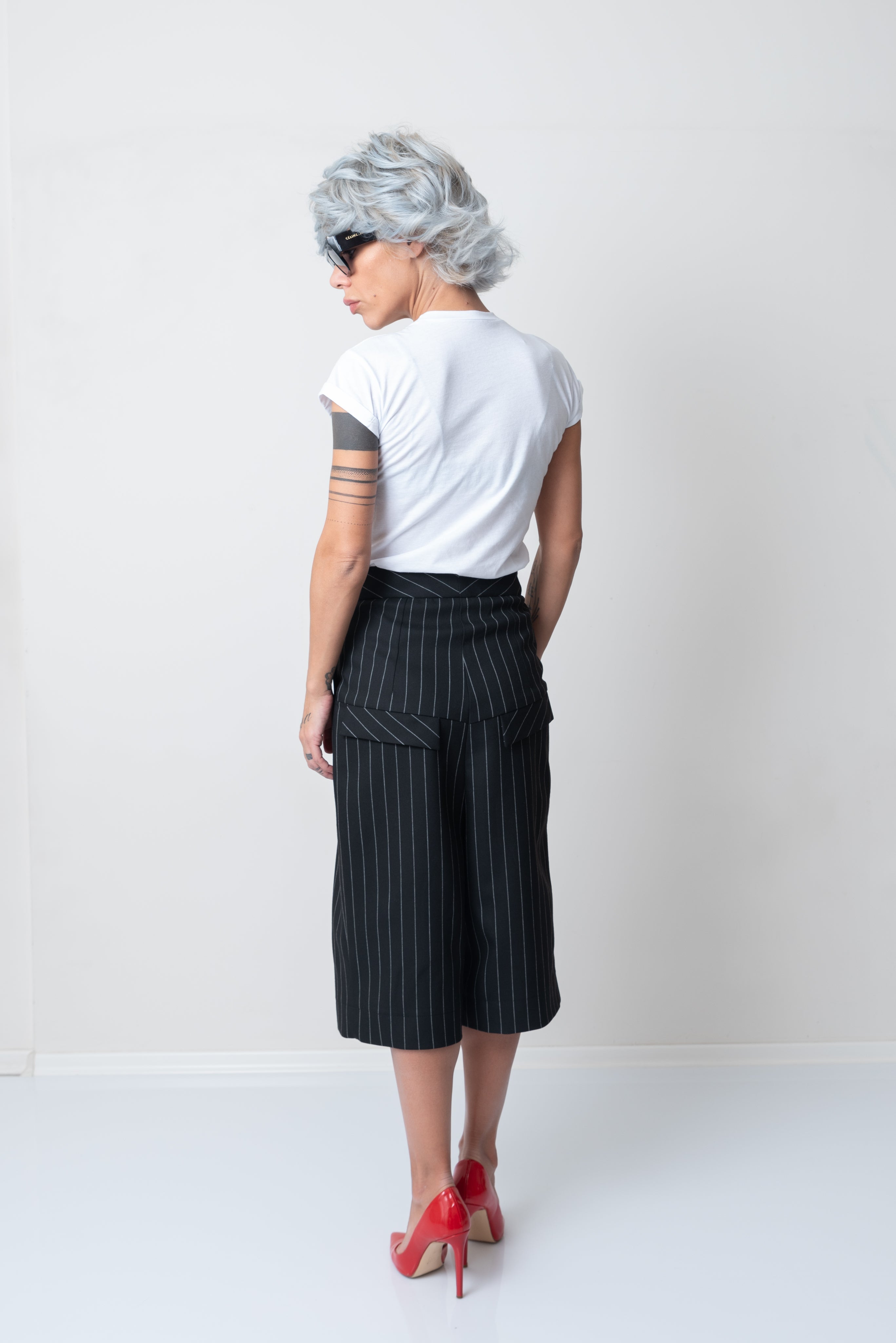 White T Shirt Blouse with Short Sleeves and Leatherette Lips