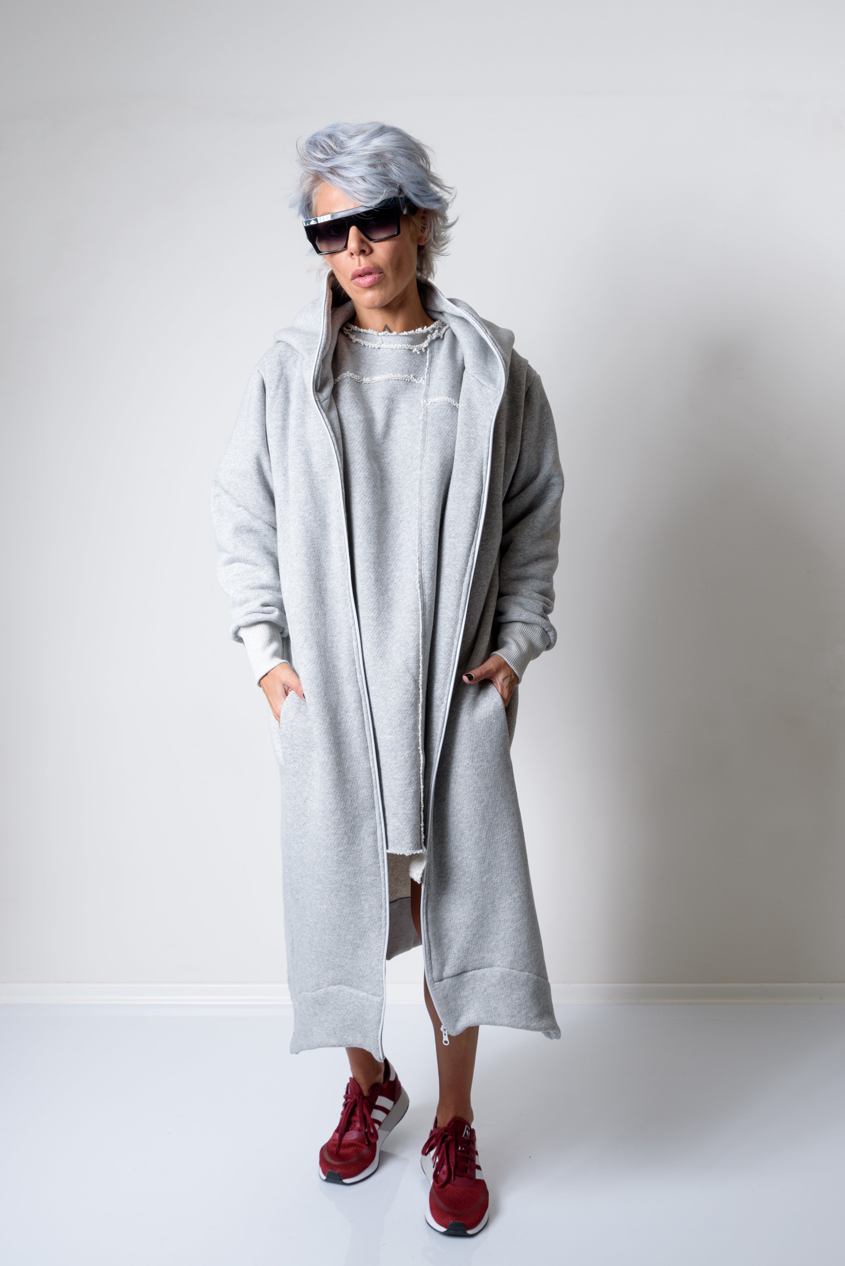 Grey Long Oversized Asymmetrical Casual Hoodie Sweatshirt