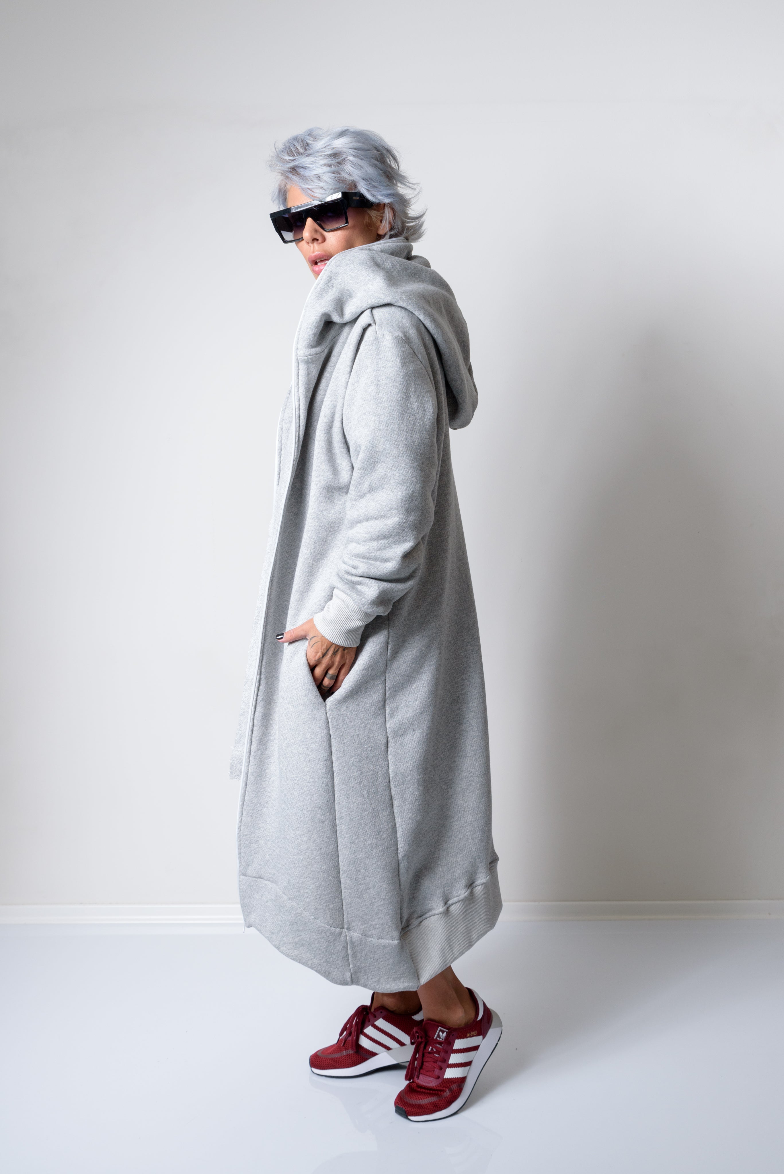 Grey Long Oversized Asymmetrical Casual Hoodie Sweatshirt