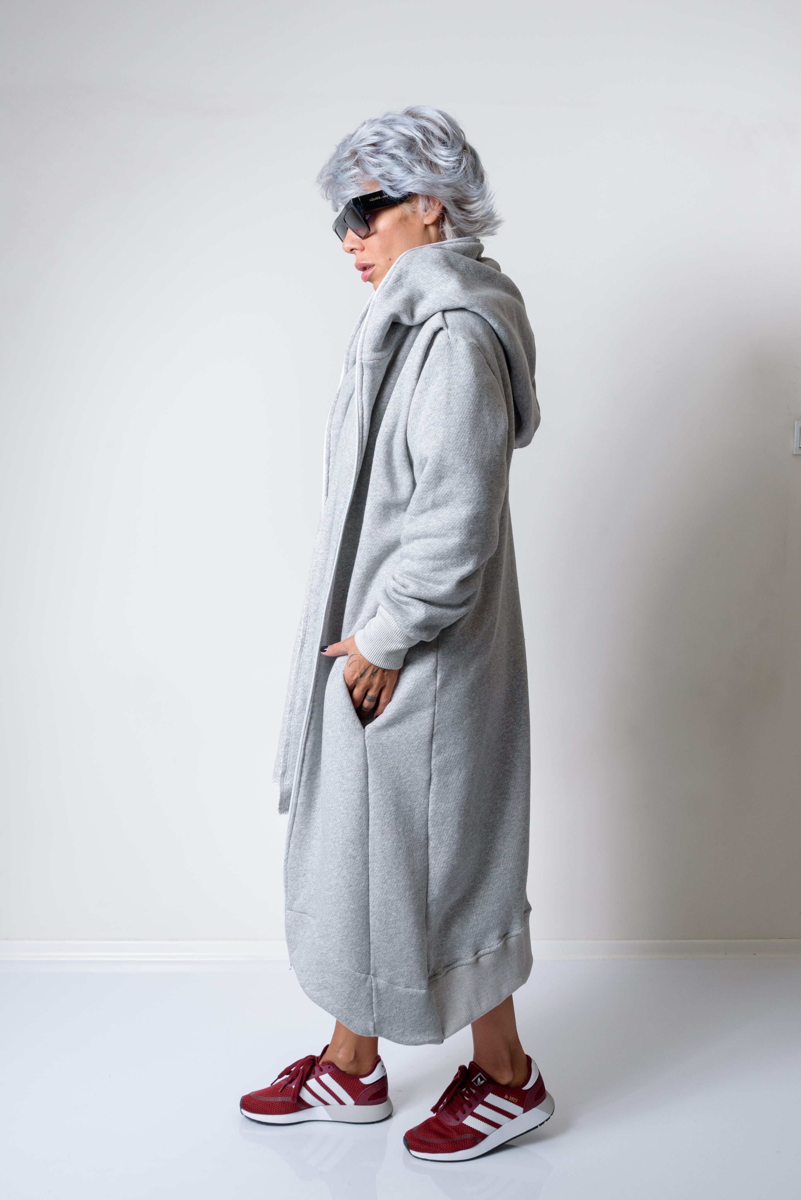 Grey Long Oversized Asymmetrical Casual Hoodie Sweatshirt
