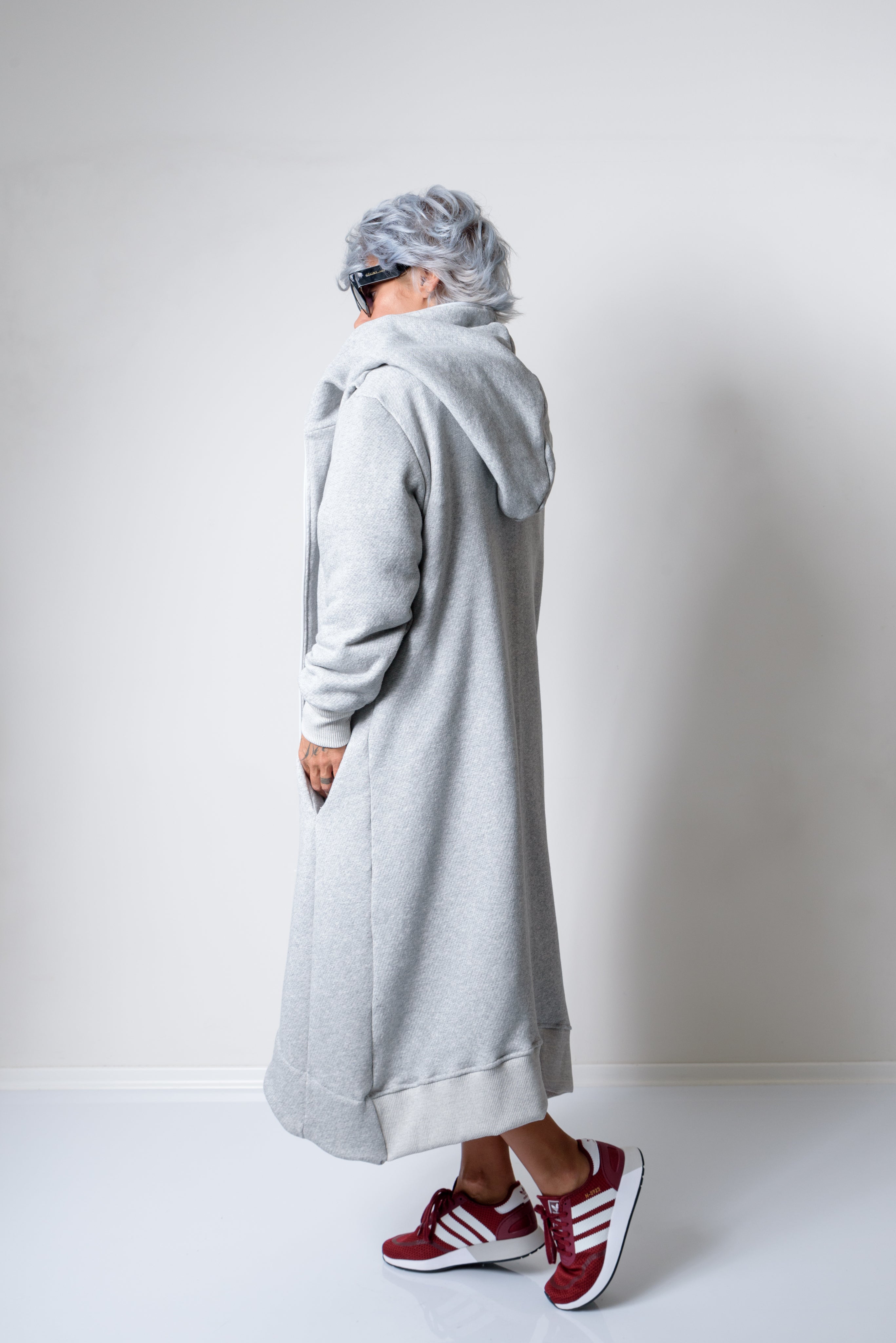 Grey Long Oversized Asymmetrical Casual Hoodie Sweatshirt