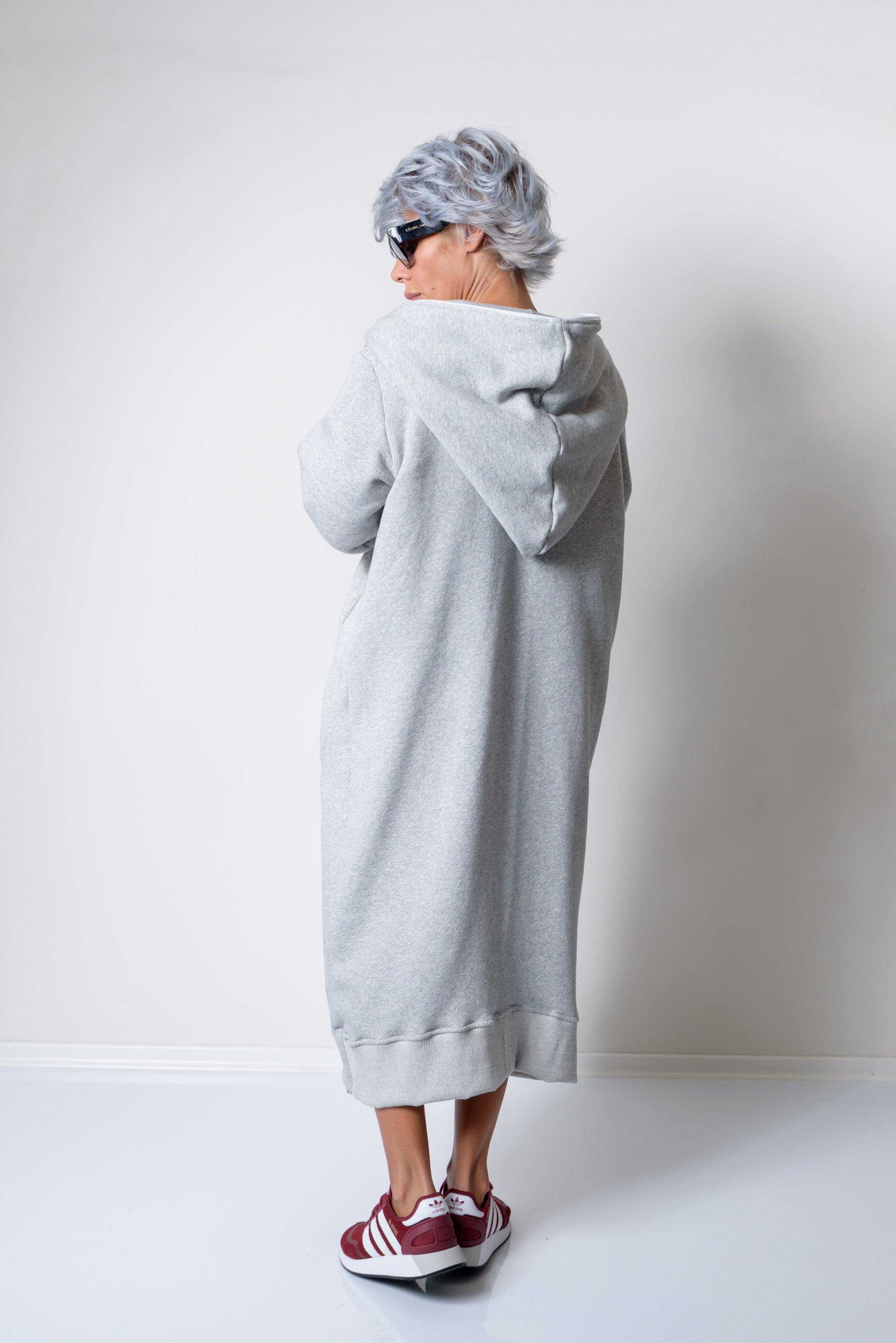 Grey Long Oversized Asymmetrical Casual Hoodie Sweatshirt