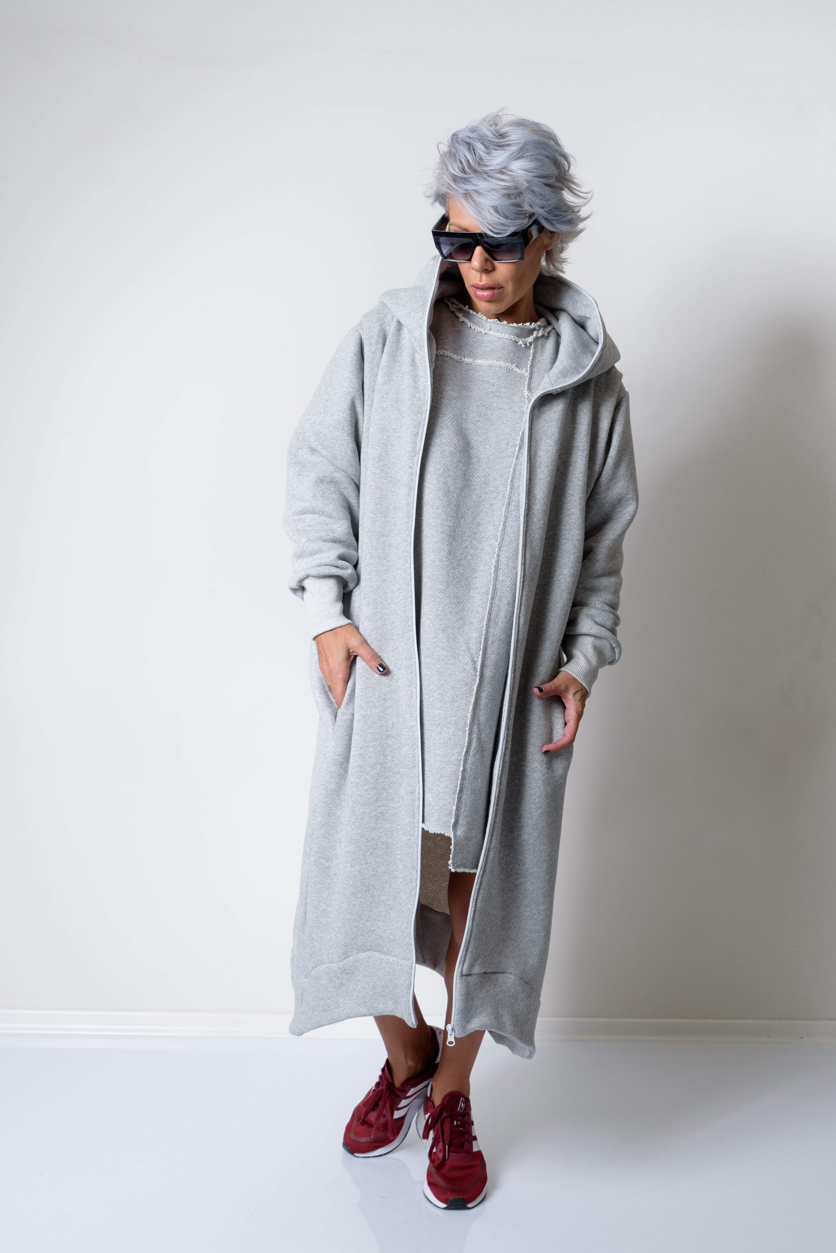 Grey Long Oversized Asymmetrical Casual Hoodie Sweatshirt