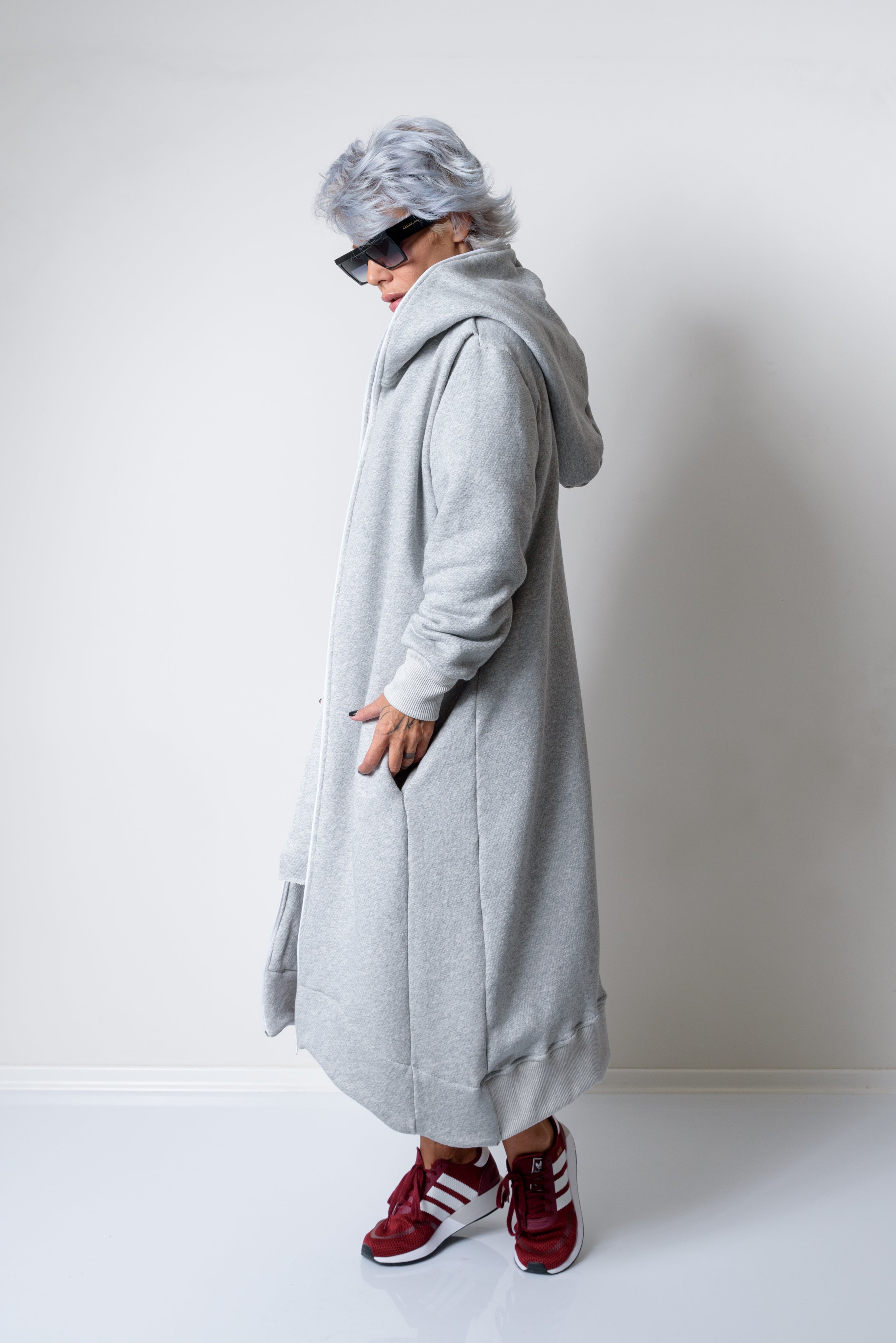 Grey Long Oversized Asymmetrical Casual Hoodie Sweatshirt