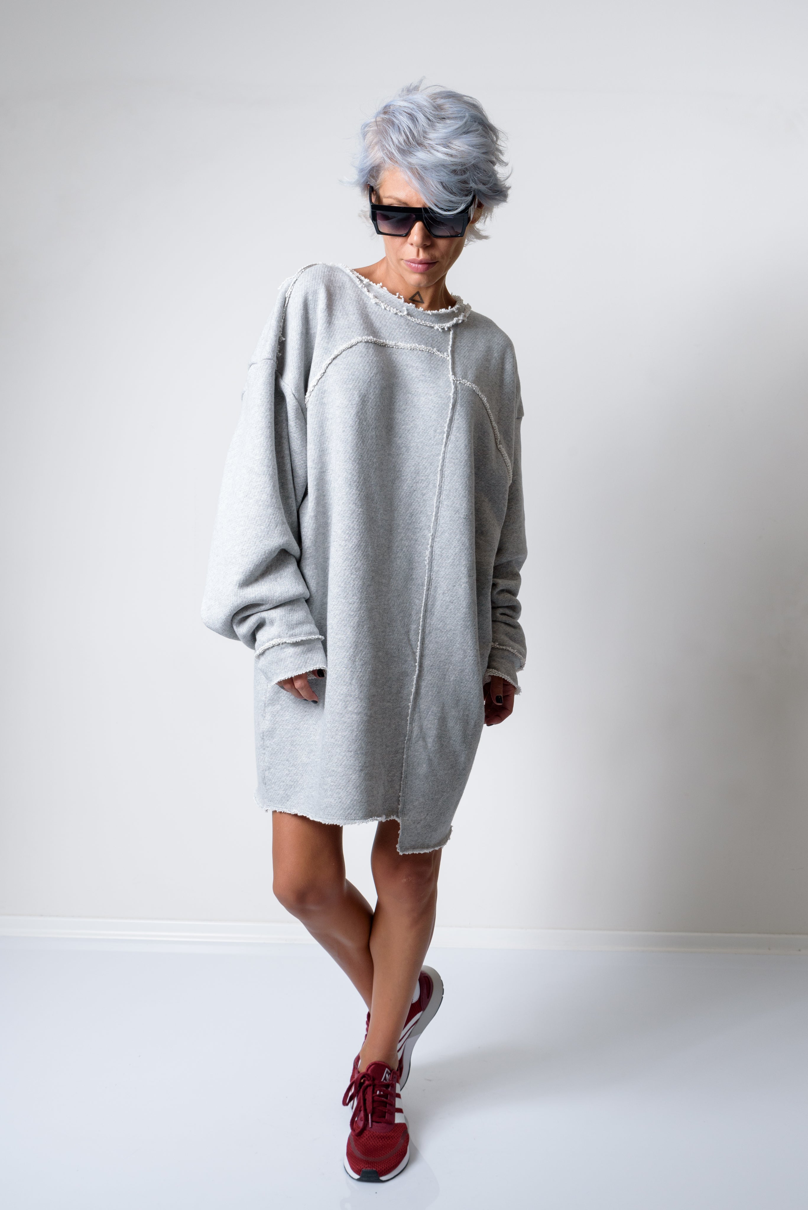 Grey Oversized Asymmetric Long Loose Sweater