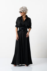 Elegant Maxi Black Shirt Dress with Vegan Leather Belt