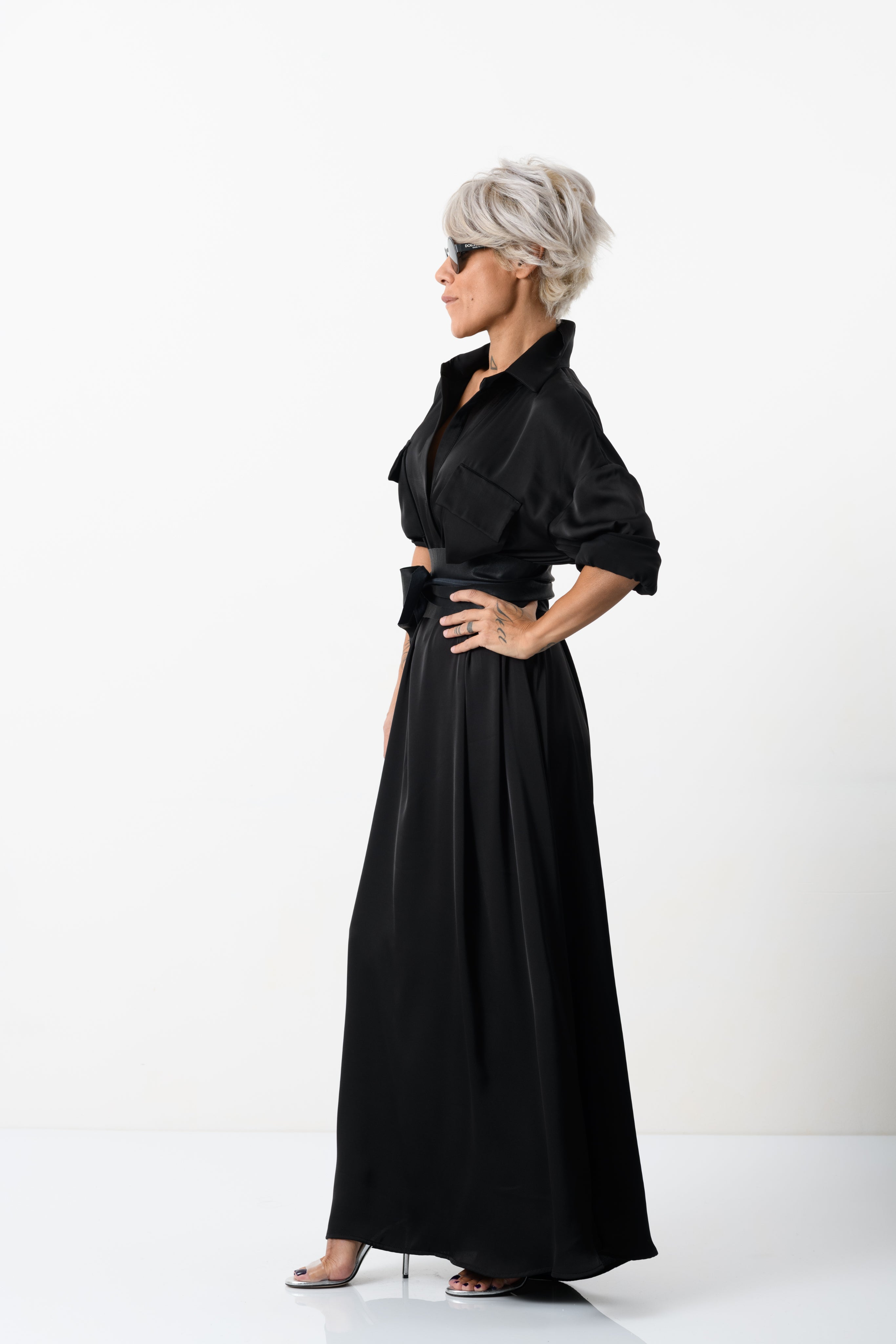 Elegant Maxi Black Shirt Dress with Vegan Leather Belt