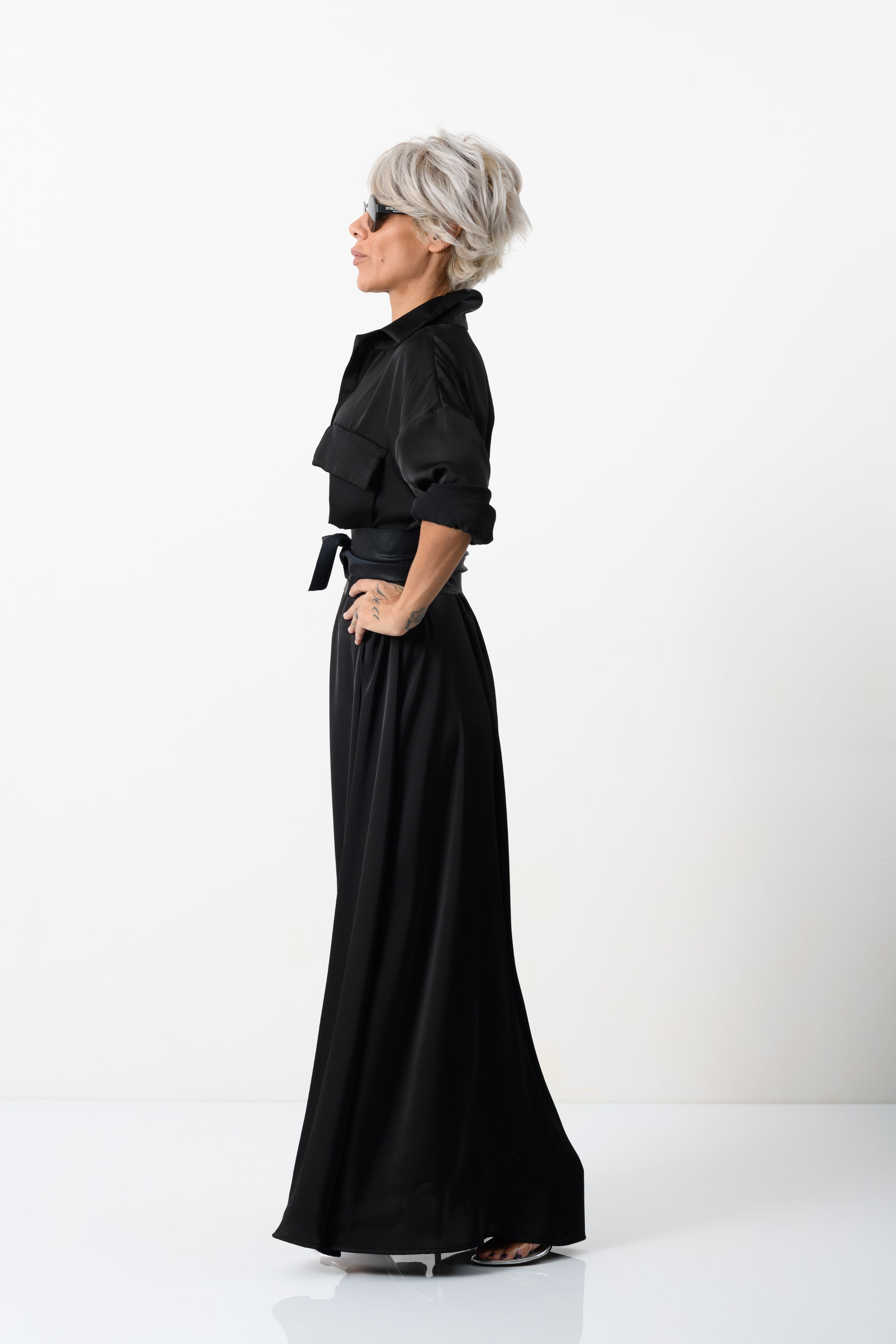 Elegant Maxi Black Shirt Dress with Vegan Leather Belt