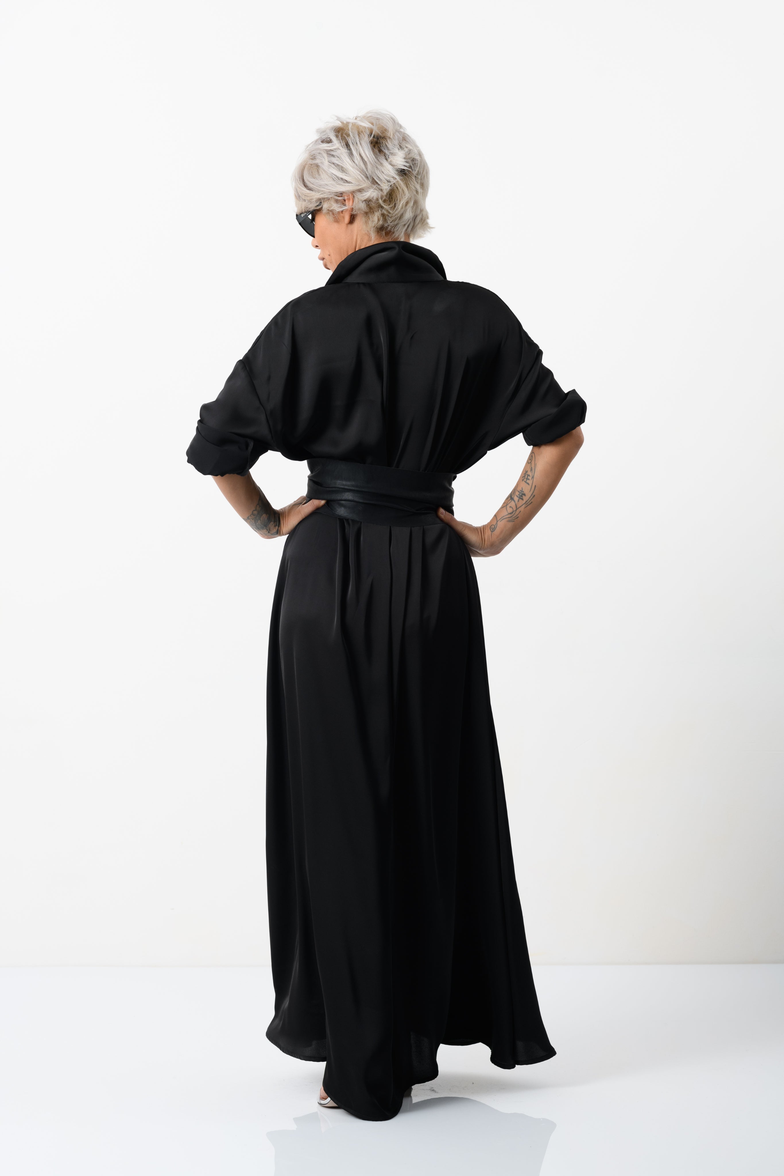Elegant Maxi Black Shirt Dress with Vegan Leather Belt