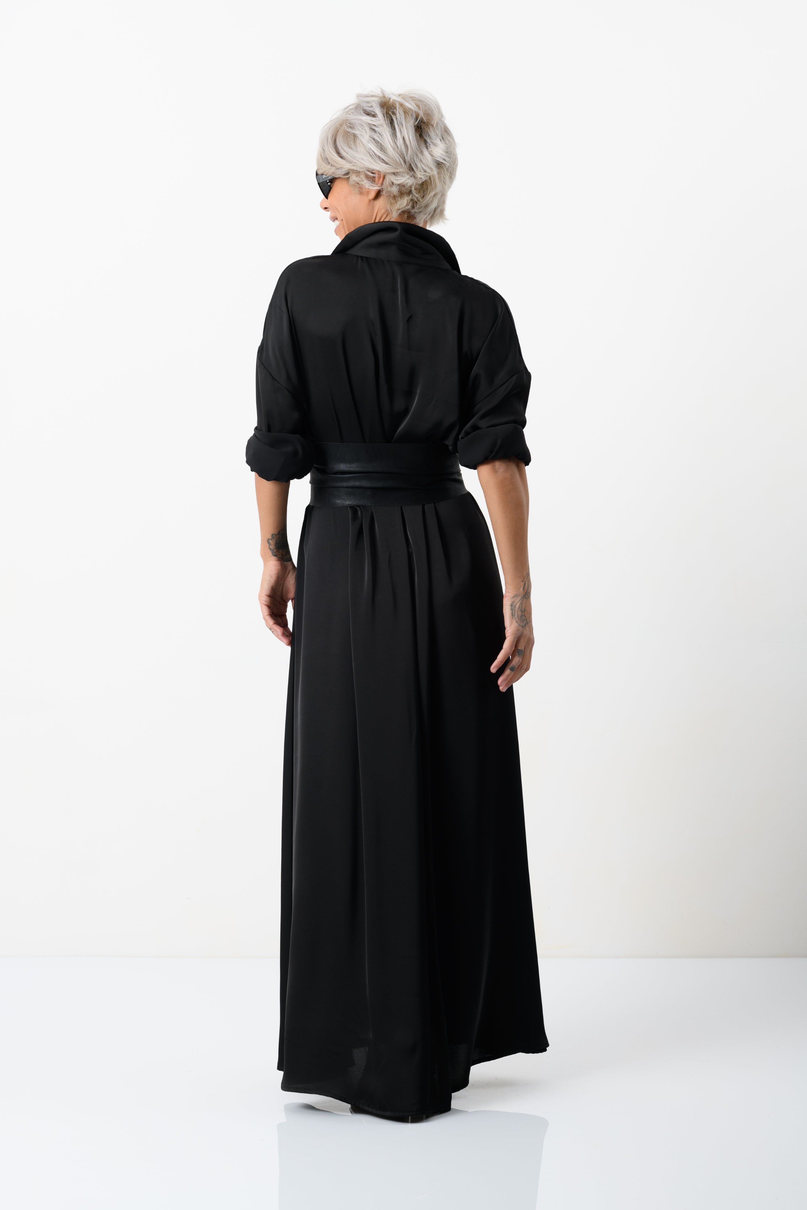 Elegant Maxi Black Shirt Dress with Vegan Leather Belt