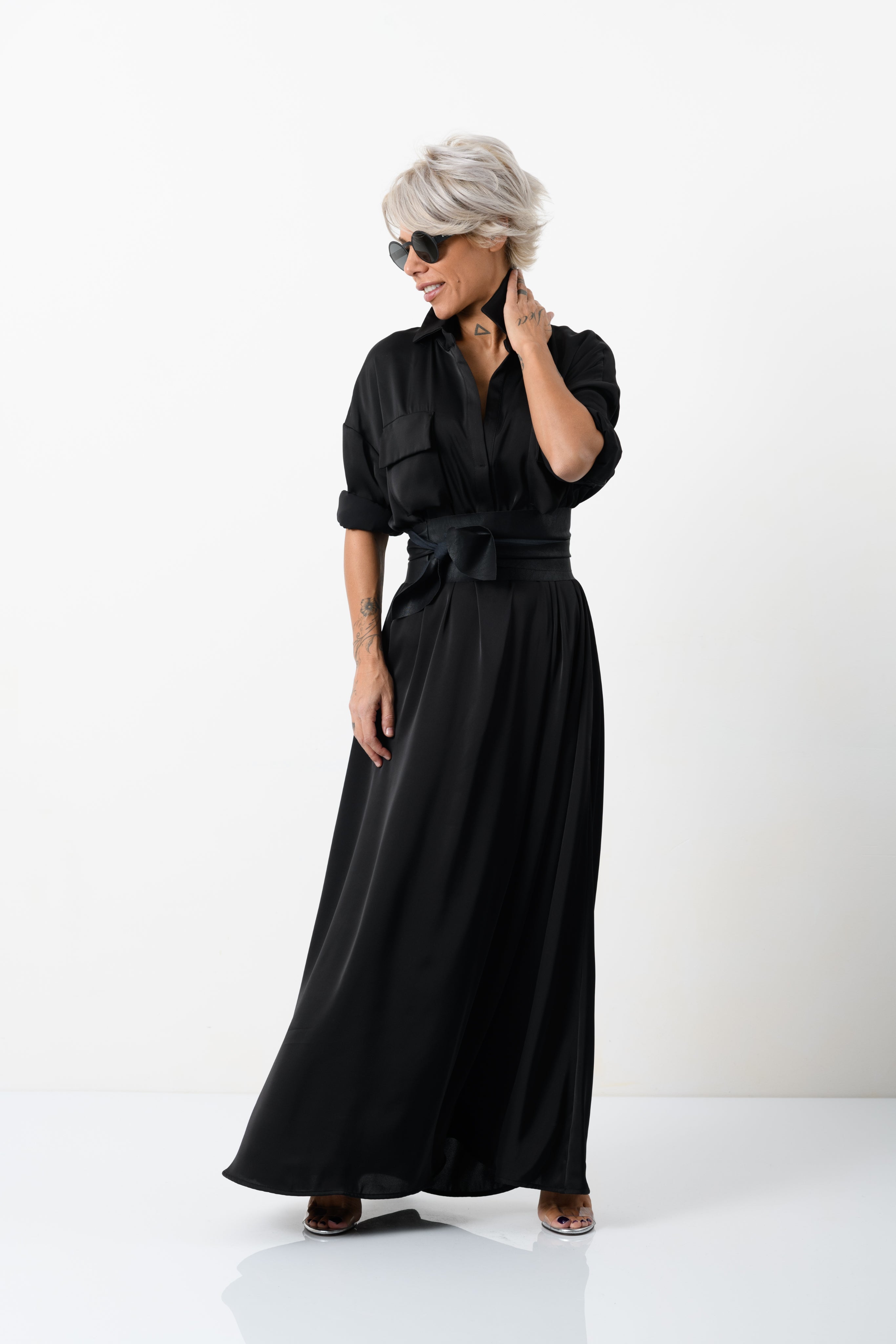 Elegant Maxi Black Shirt Dress with Vegan Leather Belt