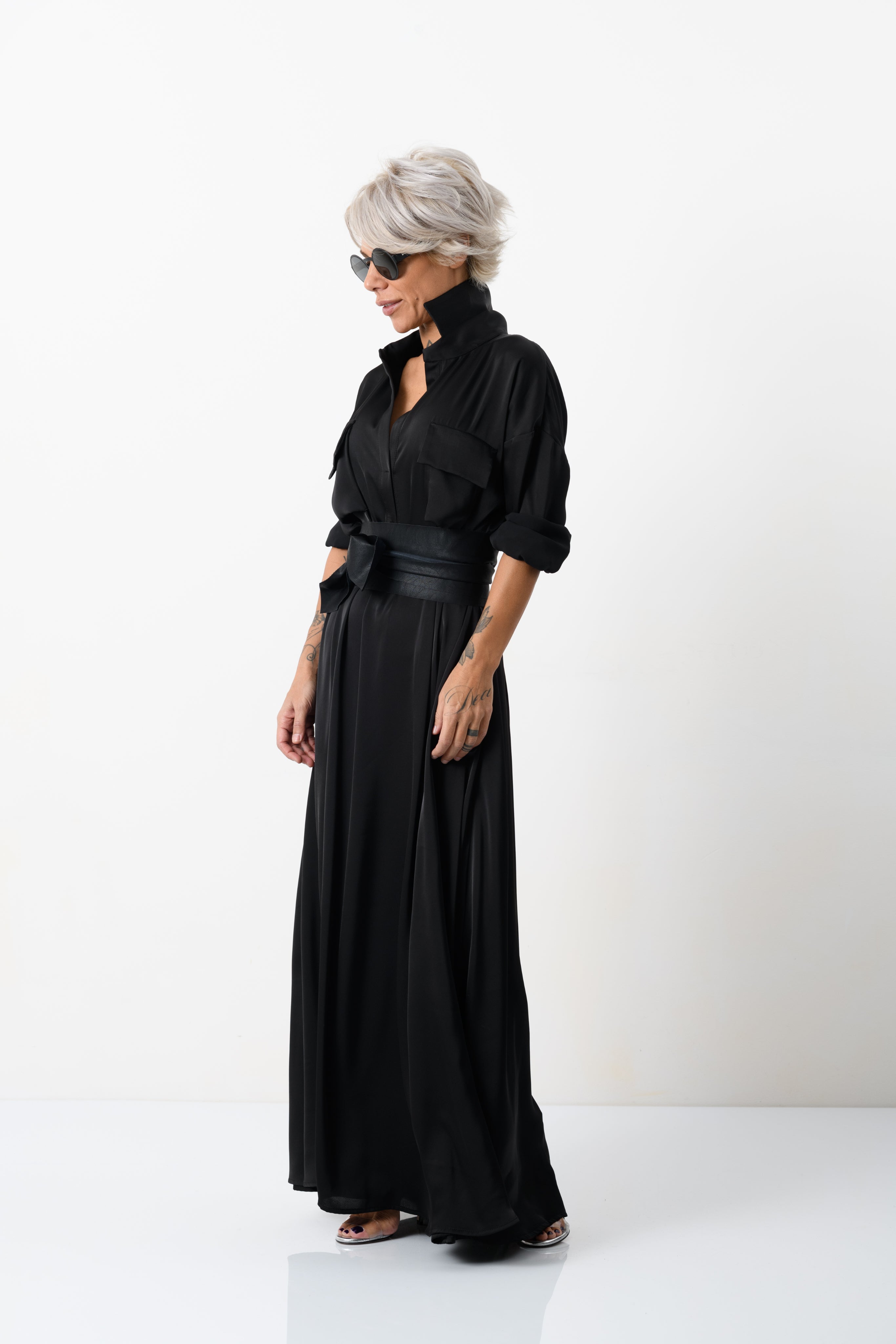 Elegant Maxi Black Shirt Dress with Vegan Leather Belt