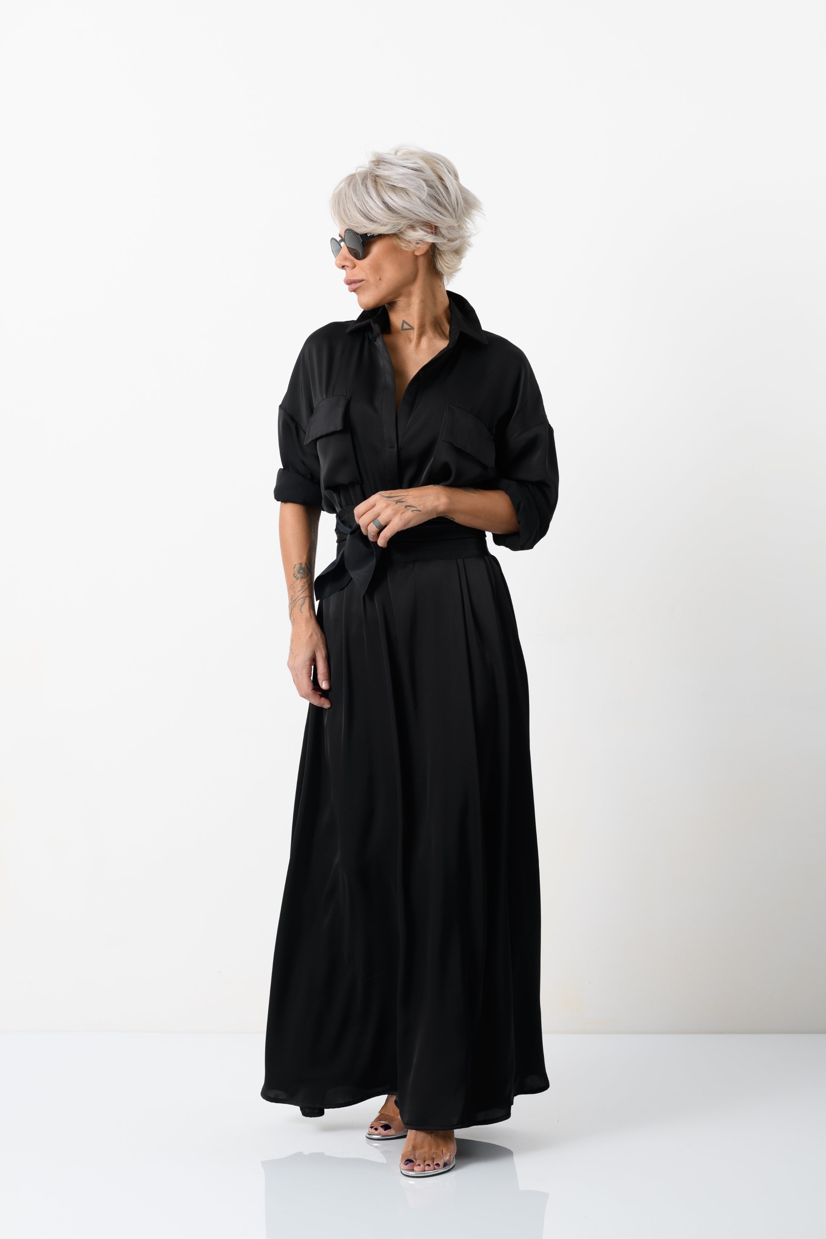 Elegant Maxi Black Shirt Dress with Vegan Leather Belt
