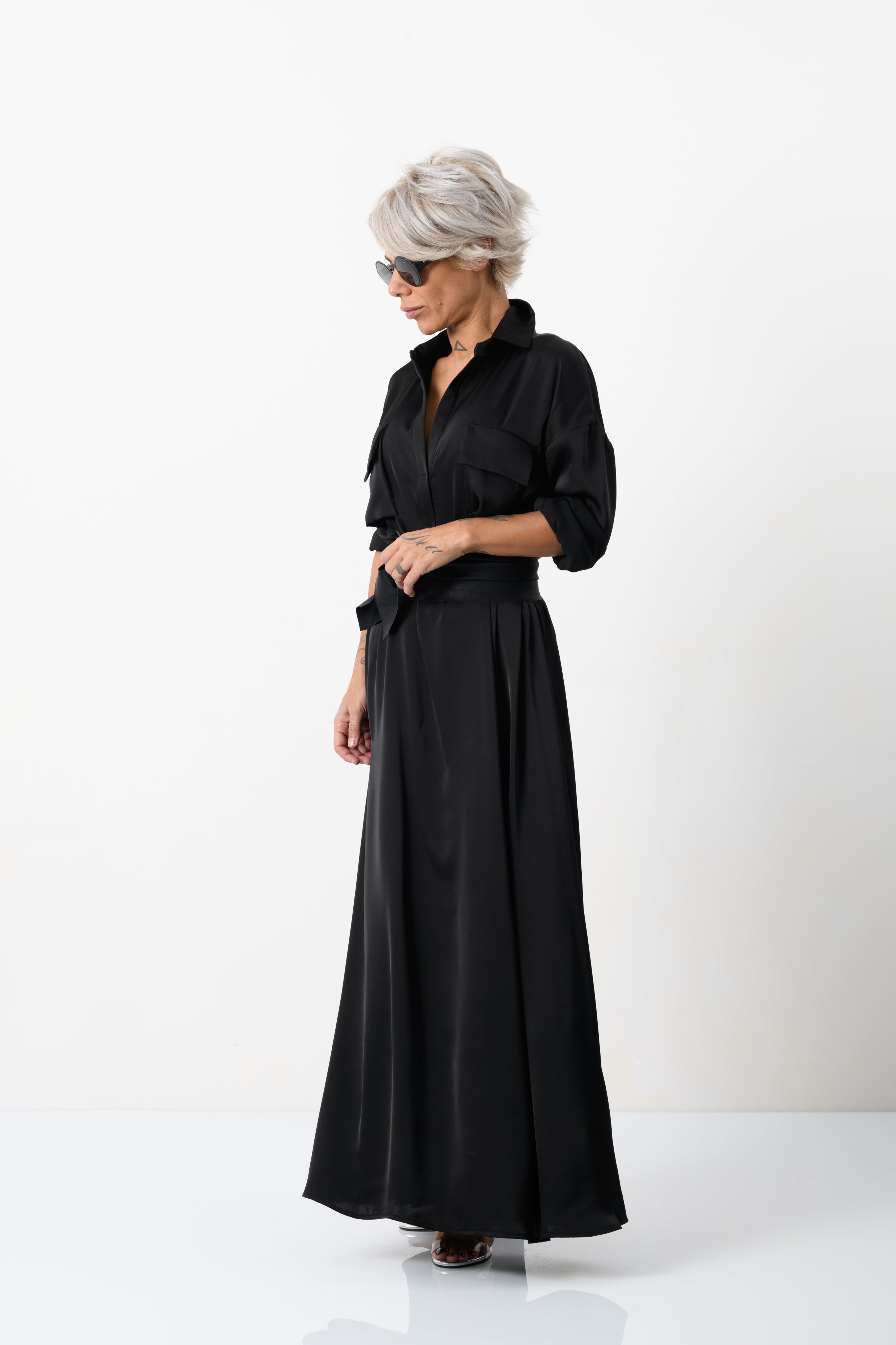 Elegant Maxi Black Shirt Dress with Vegan Leather Belt