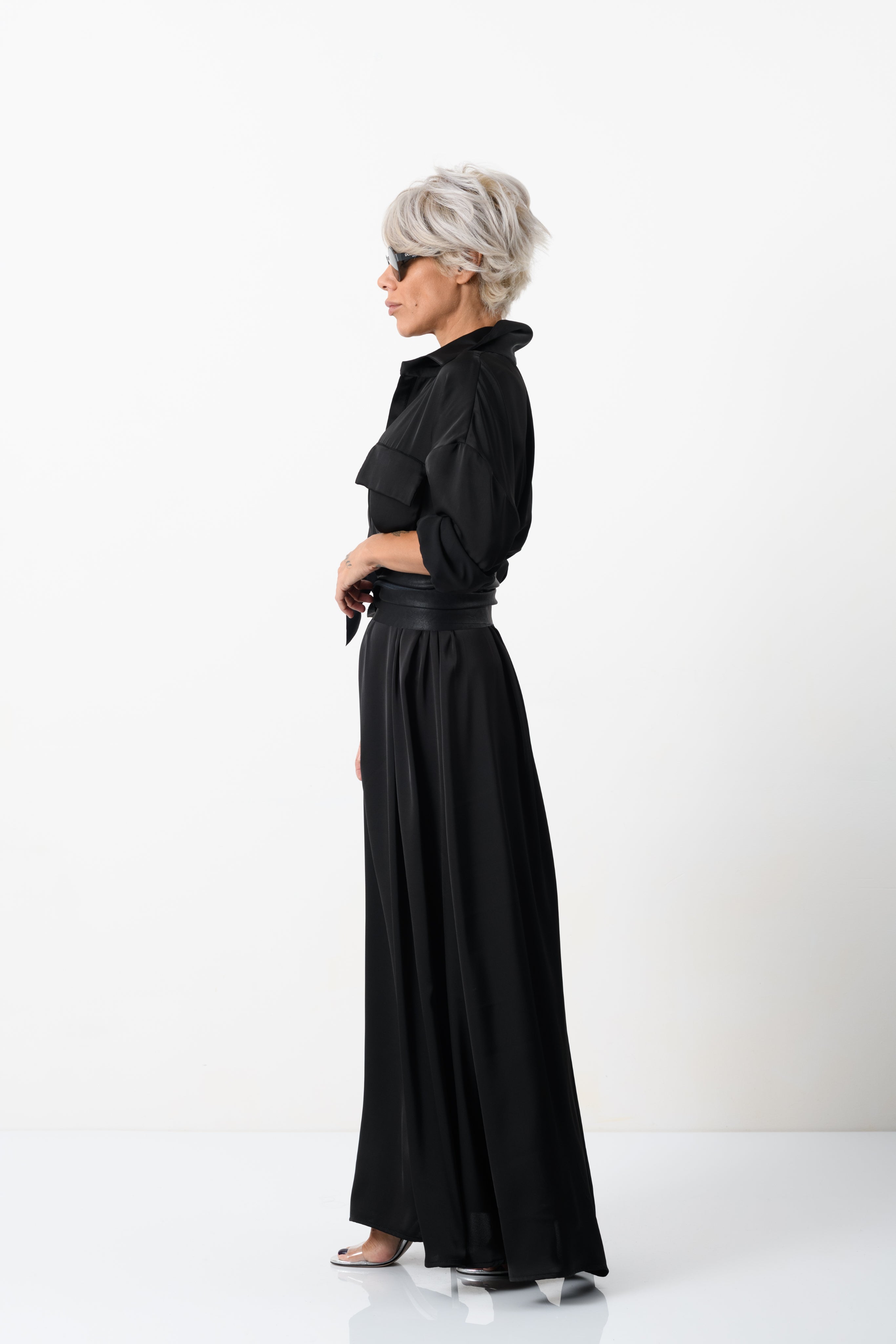 Elegant Maxi Black Shirt Dress with Vegan Leather Belt